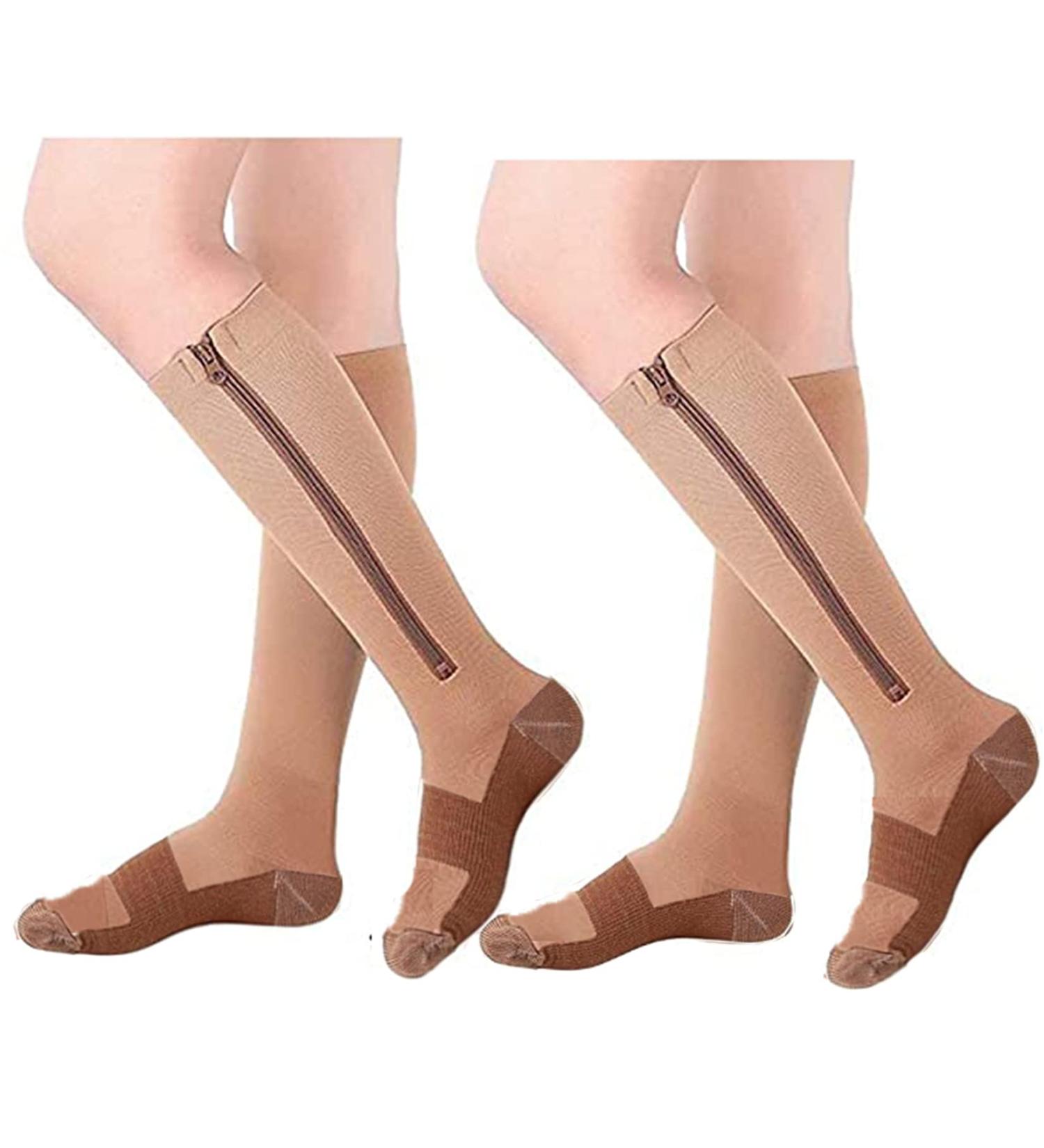 2 Pair Zip Compression Socks for Women - Closed Toe Wide Calf Knee Length - Easy On/Off 15-20 mmHg | Beige with Copper S/M - Buy Online on GoSupps.com