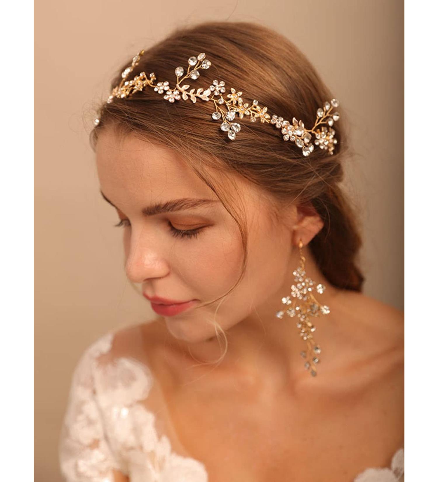 Deniferymakeup Bridal Floral Rhinestone Headband Rhinestone Earring Set Gold Wedding Accessories for Women and Girls - Buy Online on GoSupps.com