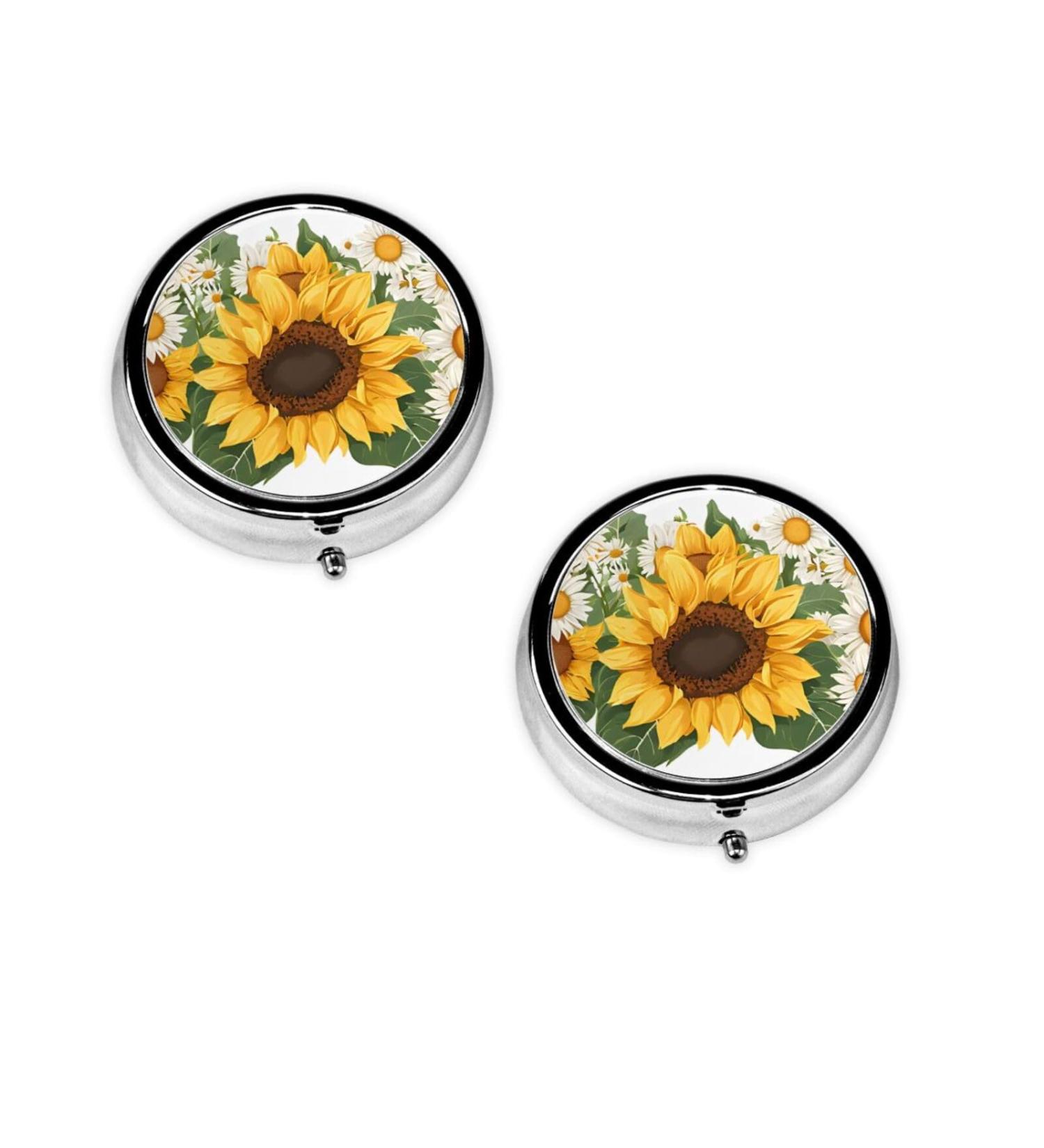 Buy Yellow Sunflowers & White Flowers Round Pill Box - 3 Compartment Portable Travel Medicine Organizer - Buy Online on GoSupps.com