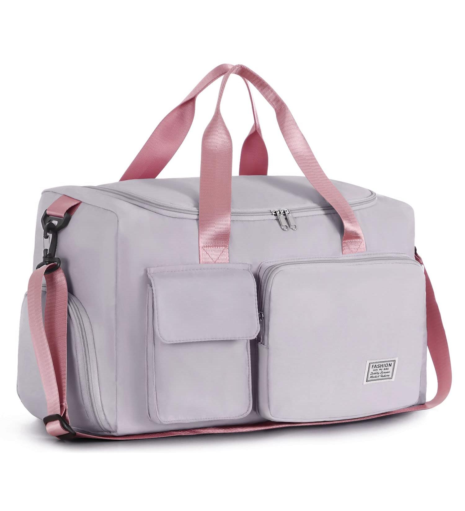 Fioretto Foldable Sports Gym Duffle Bag with Shoes Compartment - Water Resistant Weekend Travel Holdall for Men and Women - Grey & Pink - Buy Online on GoSupps.com