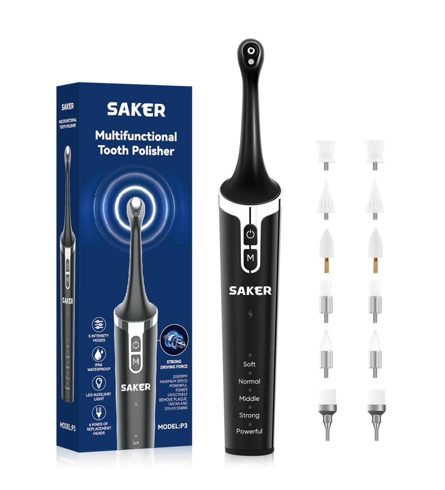 Saker Tooth Polisher Kit - Rechargeable Dental Polisher with 12 Brush Heads LED Light & 5 Speed Modes - Waterproof Teeth Whitening Tool for Perfect Smiles - Buy Online on GoSupps.com