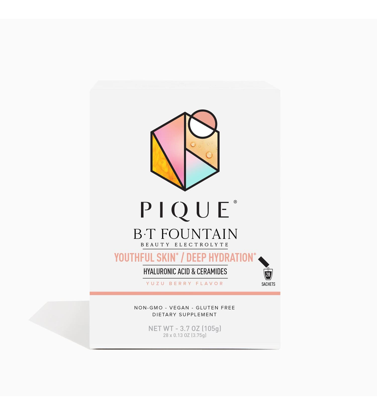 Pique BT Fountain Beauty Electrolyte Powder - Hydration Packets with Hyaluronic Acid, Ceramides, Potassium, Magnesium - 28 Sticks - Buy Online on GoSupps.com