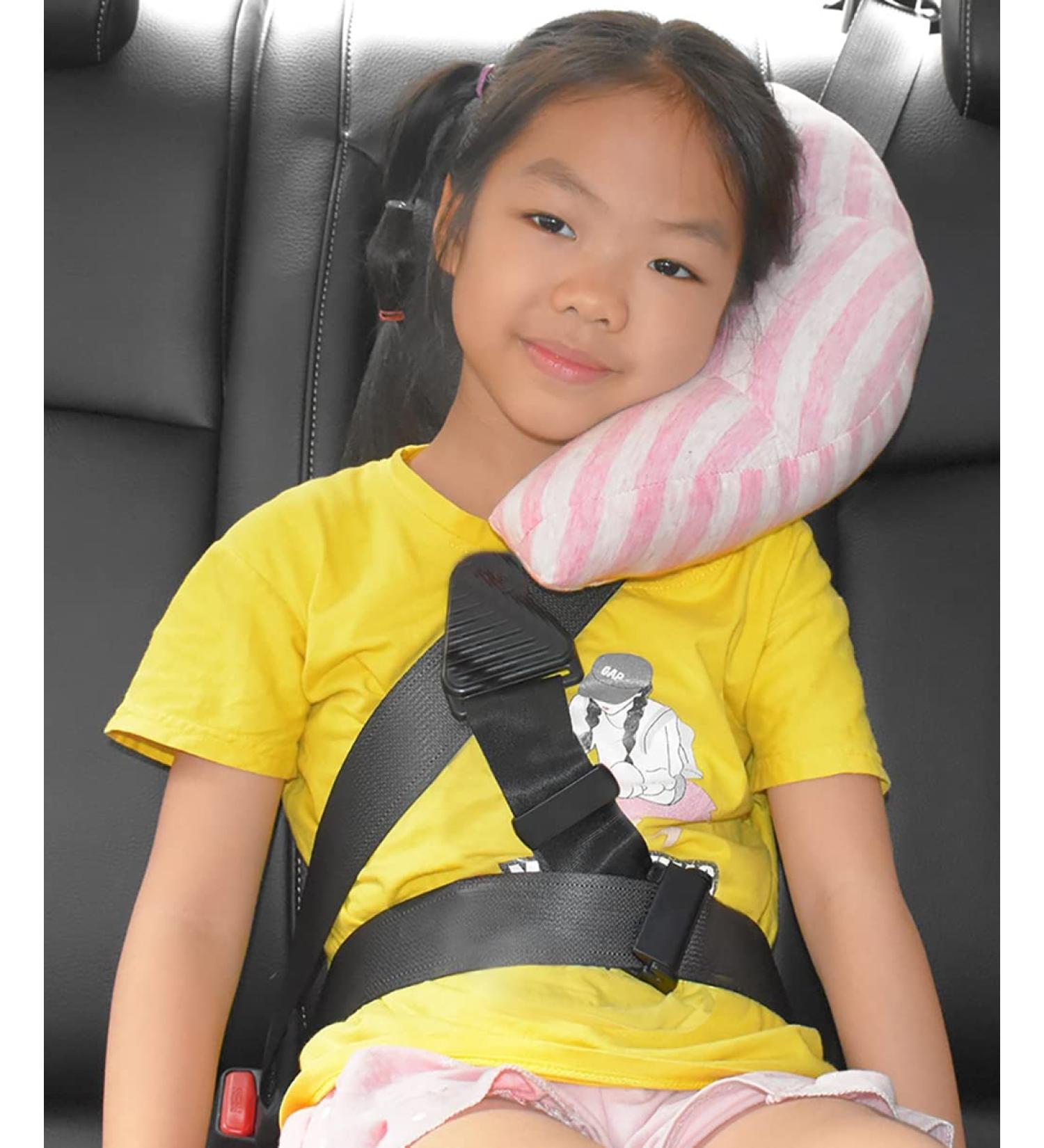 Kids Car Travel Pillow - Neck Support & Seat Belt Cushion for Toddlers - Pink Stripe - Buy Online on GoSupps.com