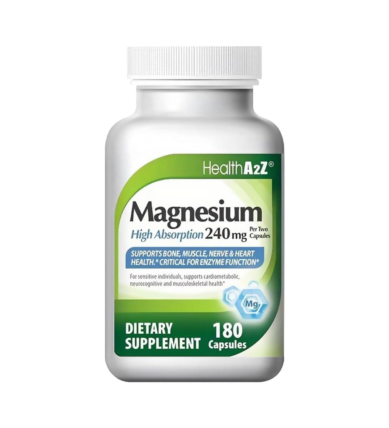 HealthA2Z Magnesium Glycinate 240 mg - 180 Capsules Supports Daytime Energy Nighttime Restful Sleep Stress Relief Mood Balance Bone & Muscle Health and Natural Beauty - High Absorption Formula - Buy Online on GoSupps.com