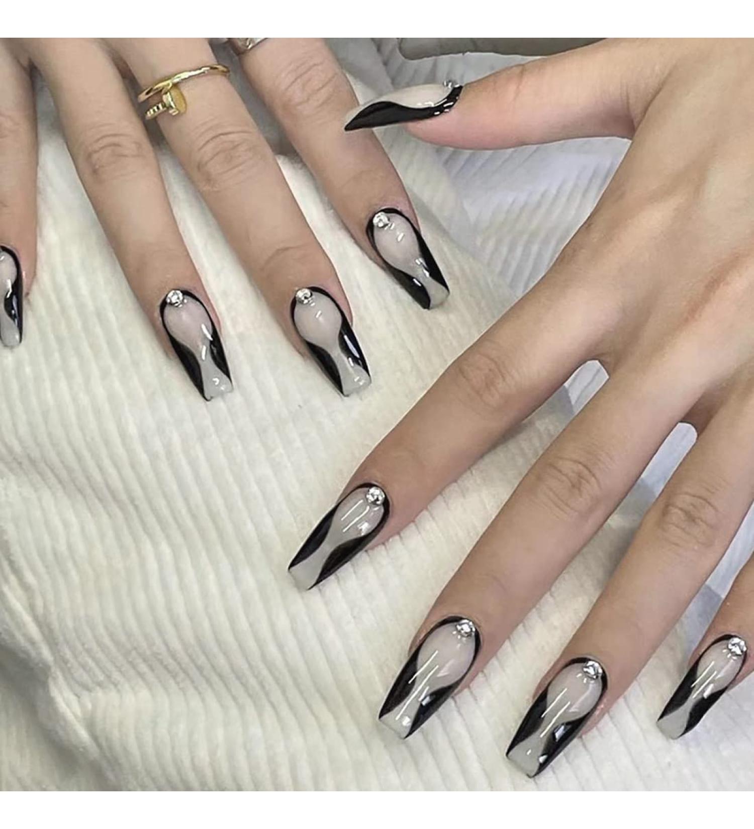 24Pcs Long Rhinestone Coffin French Press on Nails - Luxury Black Line Glossy Fake Nails for Women and Girls - DIY Manicure - Buy Online on GoSupps.com