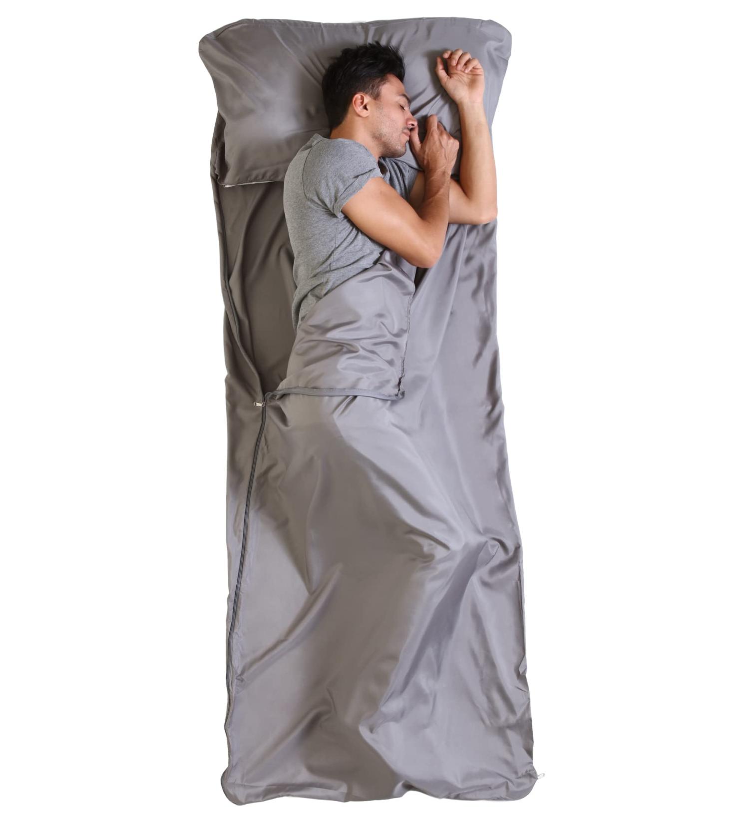 Cotton Sleeping Bag Liner - Lightweight Travel Sheet for Adults - Ideal for Camping, Backpacking & Hostels - Gray Sleep Sack with Zipper - Buy Online on GoSupps.com