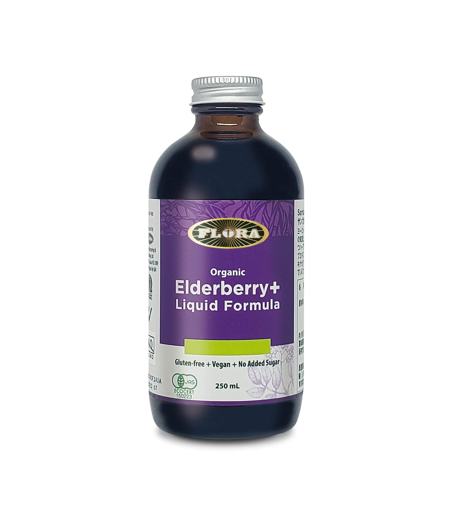 Flora Health Organic Elderberry+ Cold & Flu Liquid Daily Supplement Immune Booster Echinacea No Added Sugar Gluten Free Strengthen Immunity Detox Body Boost Energy 250 ml liquid Glass Bottle