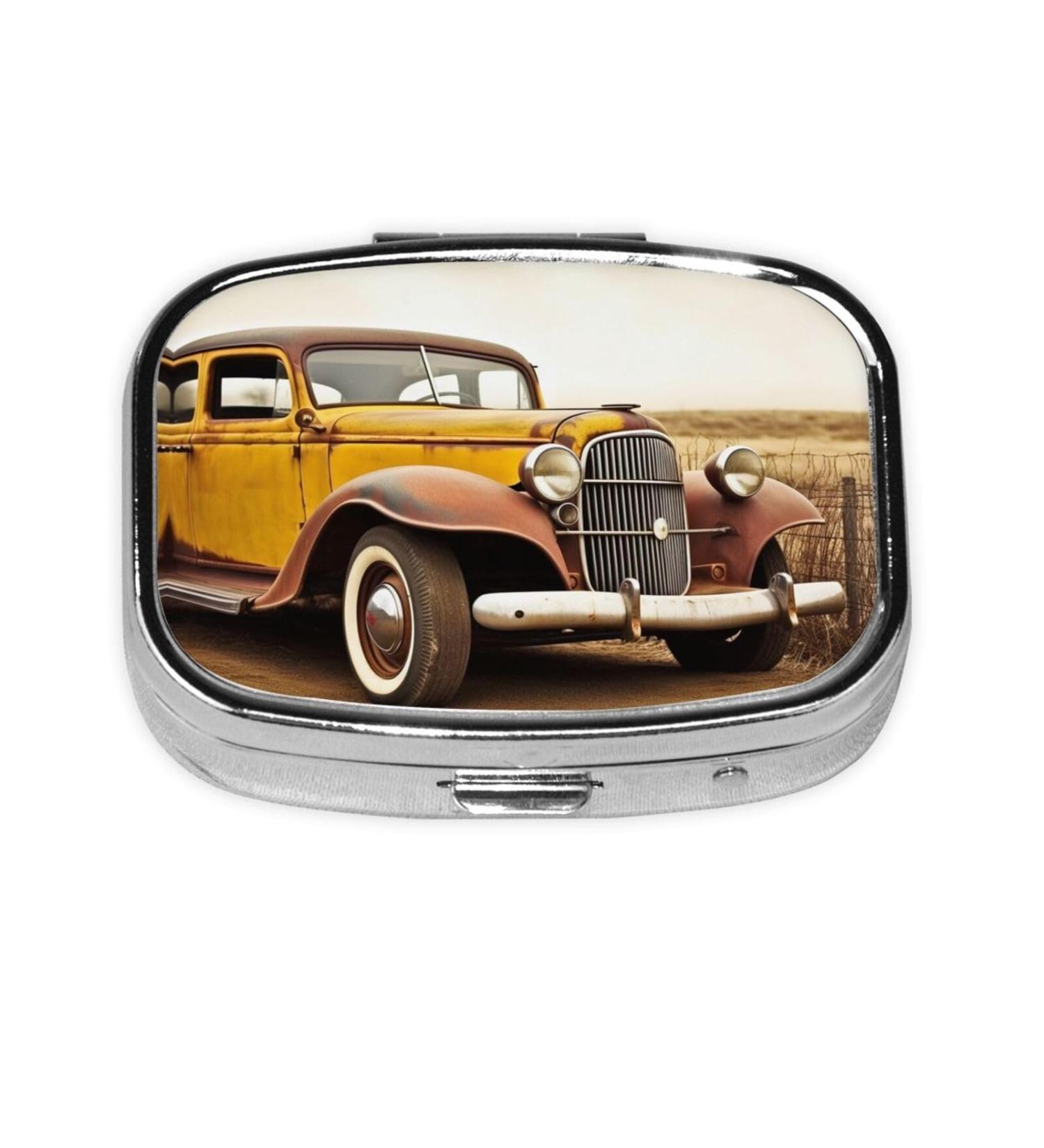 Antique Car Printing Pill Case - Small 2 Compartment Travel Pill Organizer & Cute Purse Gift - Buy Online on GoSupps.com