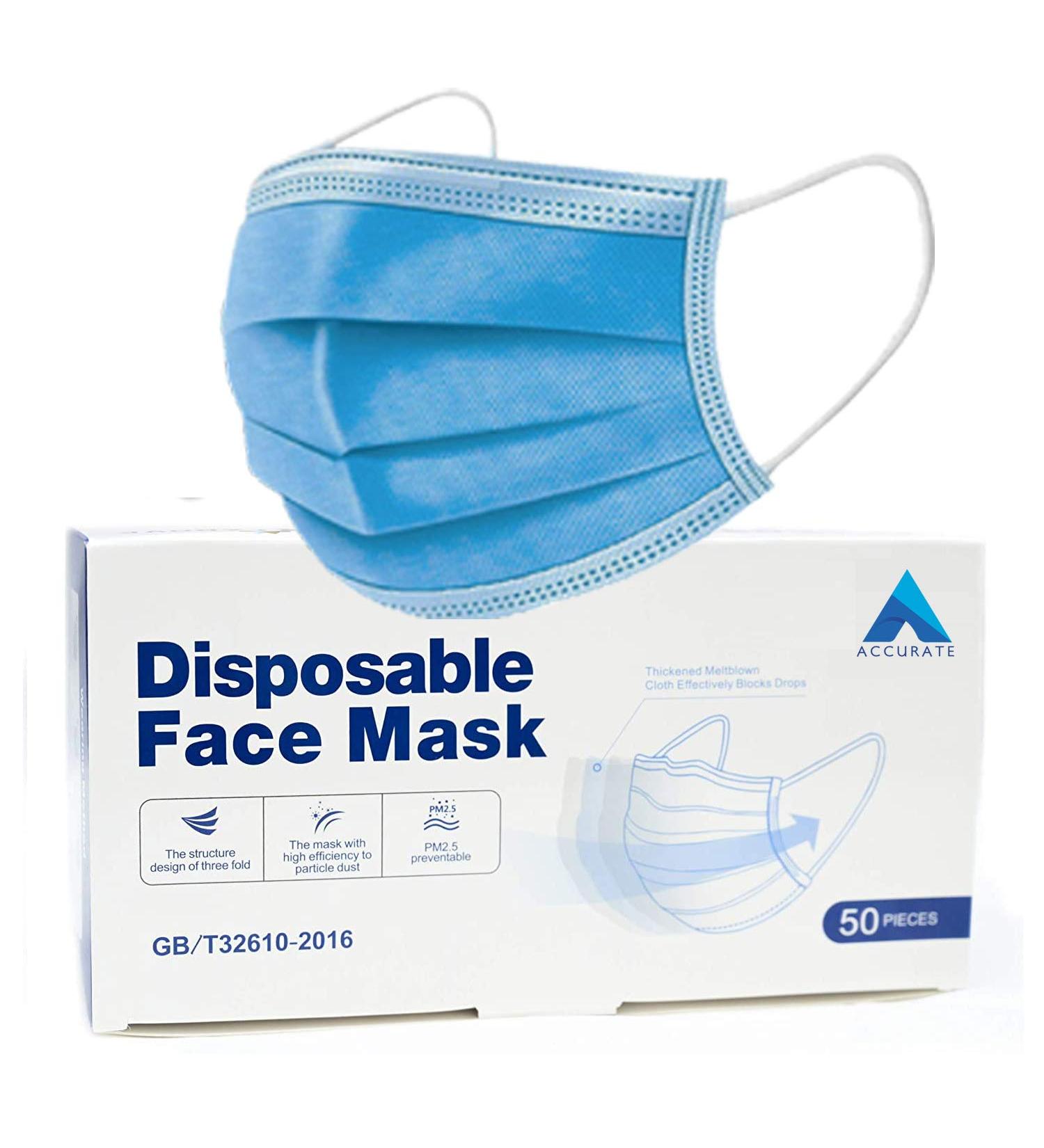 ACCURATE Blue Disposable Face Masks - 50 Pack | 3 Ply Earloop, Nose Clip | Sensitive Skin Friendly - Buy Online on GoSupps.com