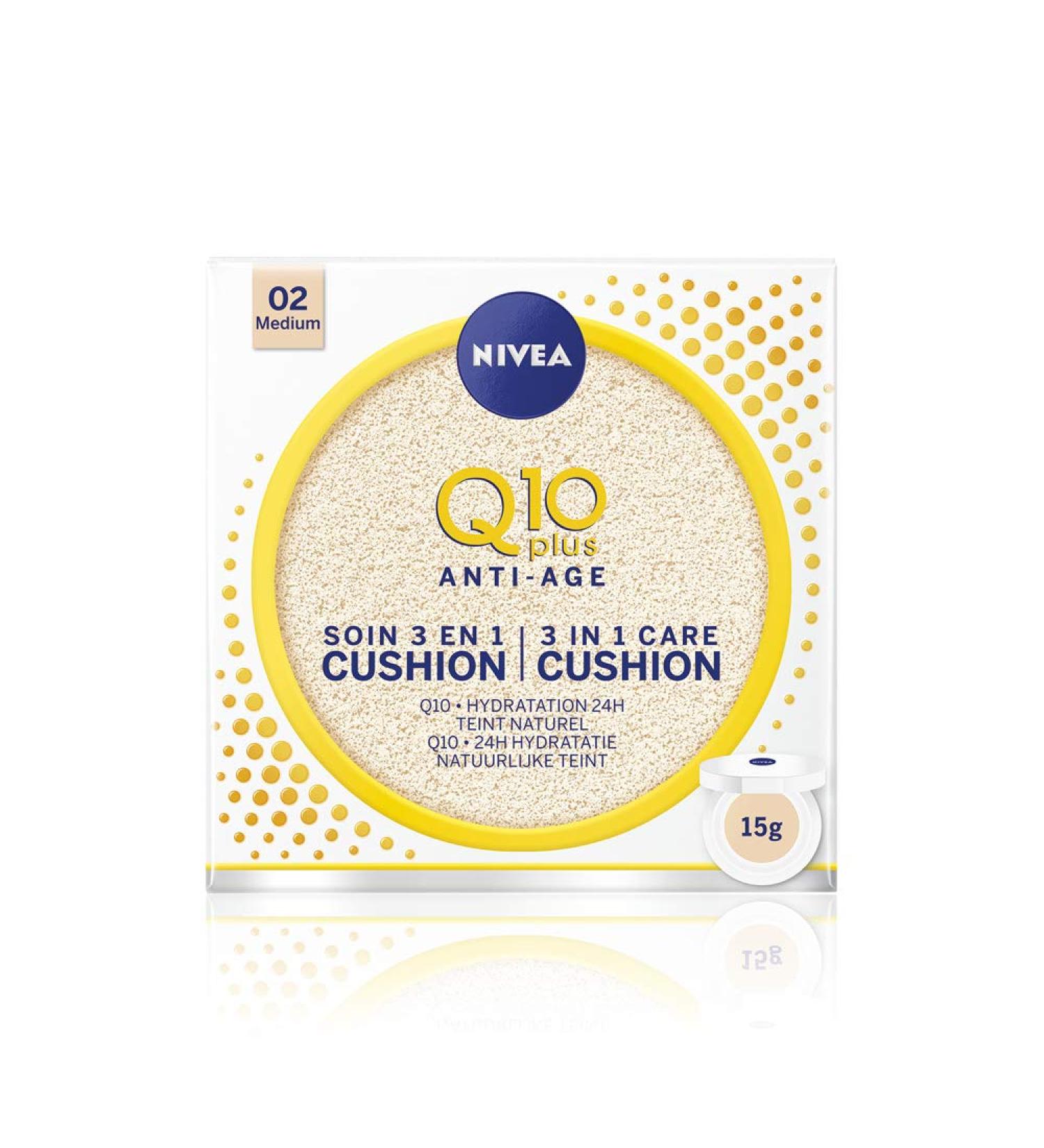 NIVEA Q10 Plus Cushion 3 in 1 Medium Shade (1 x 15ml) Anti-Aging Women's Face Care Foundation for All Skin Types Moisturizing Women's Makeup - Buy Online on GoSupps.com