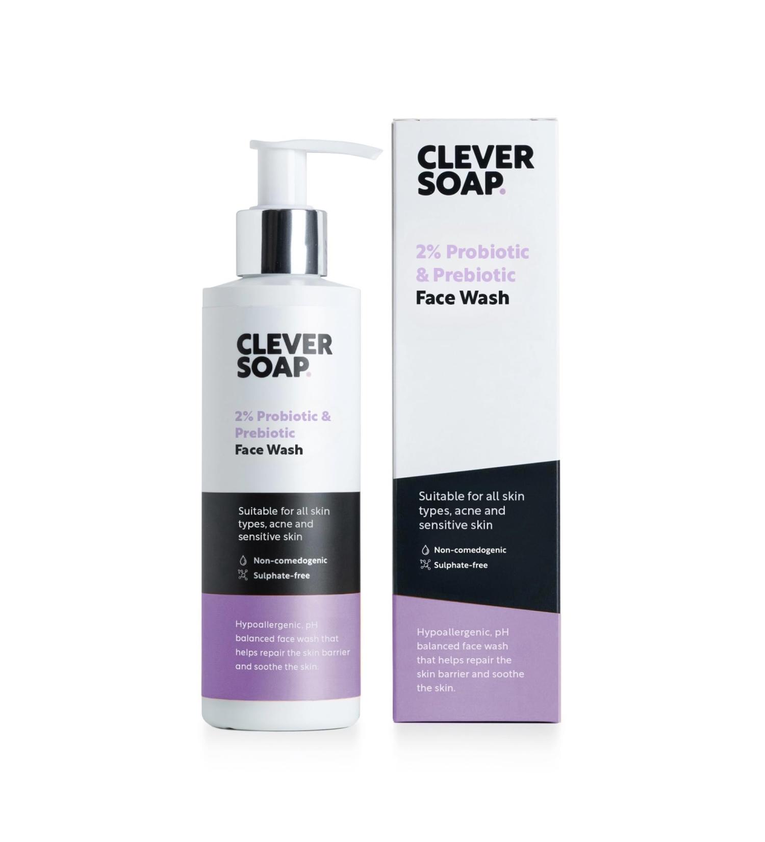 Clever Soap 2% Probiotic & Prebiotic Face Wash - Natural Antibacterial Daily Facial Cleanser - Suitable For Acne Eczema & All Skin Types - Fragrance Free For Men & Women - Buy Online on GoSupps.com