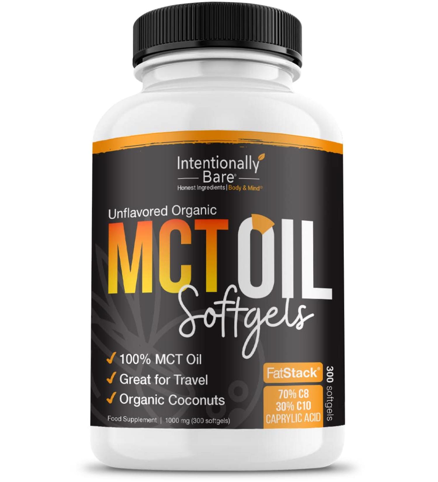 Intentionally Bare Organic MCT Oil Capsules - 100% MCT Oil - 70% C8 | 30% C10 - Keto Paleo Low Carb - Unflavored - 1000mg - 300 Capsules - Buy Online on GoSupps.com