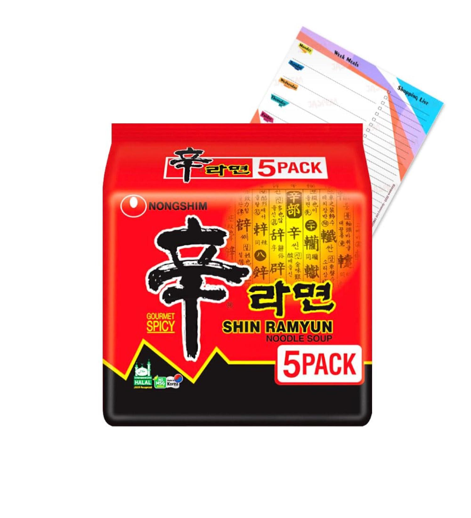 Nongshim Shin Ramyun Instant Noodle Soup Spicy Gourmet Korean Ramen 600g (5x 120g Pack) Quick Meal Hot & Savory Family Pack Noodles Dish | Included Jaspem Meal Planner - Buy Online on GoSupps.com