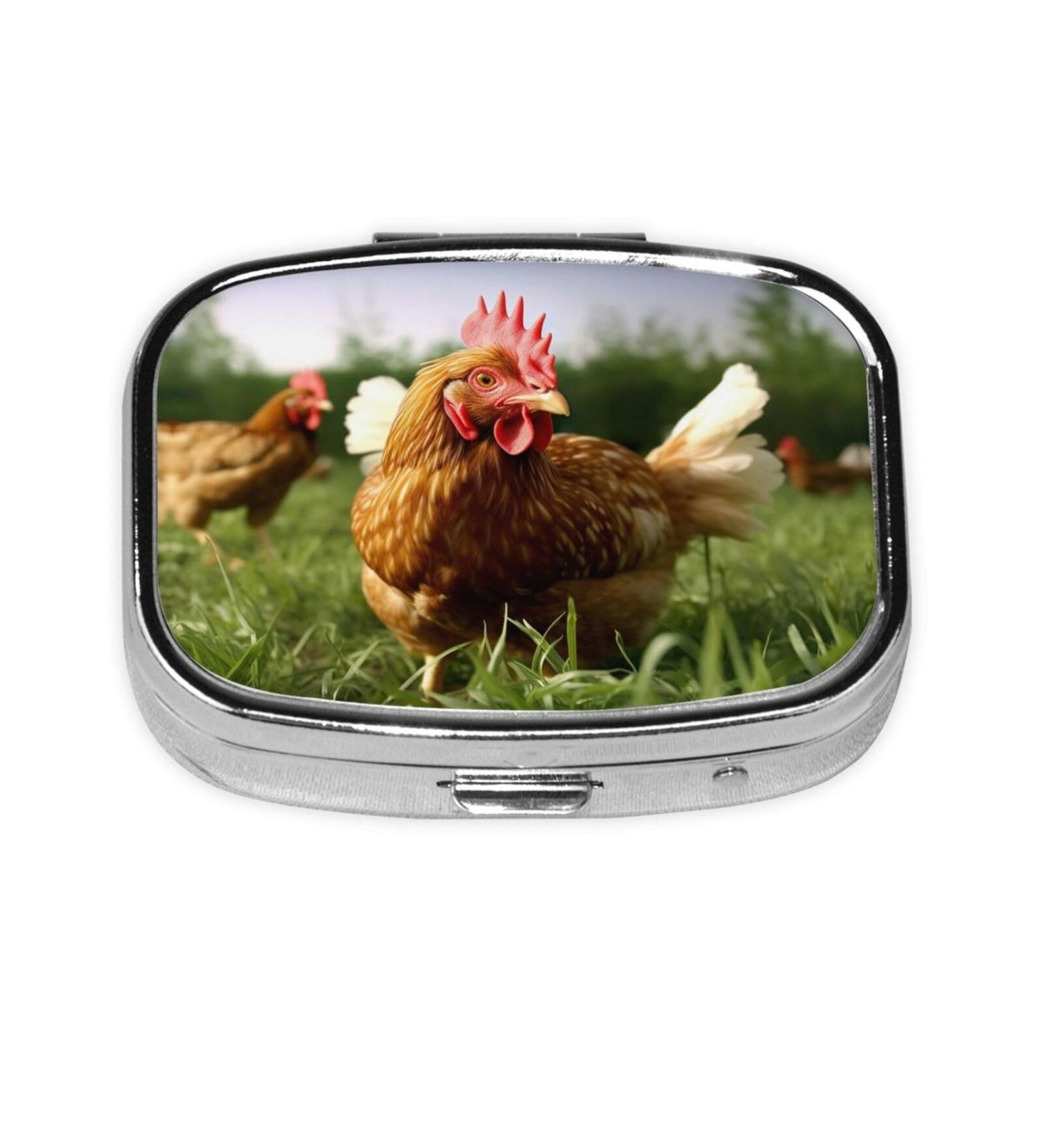Funny Chicken Grass Print Pill Case - 2 Compartment Travel Organizer for Purse & Pocket - Cute Small Pill Box Gift - Buy Online on GoSupps.com