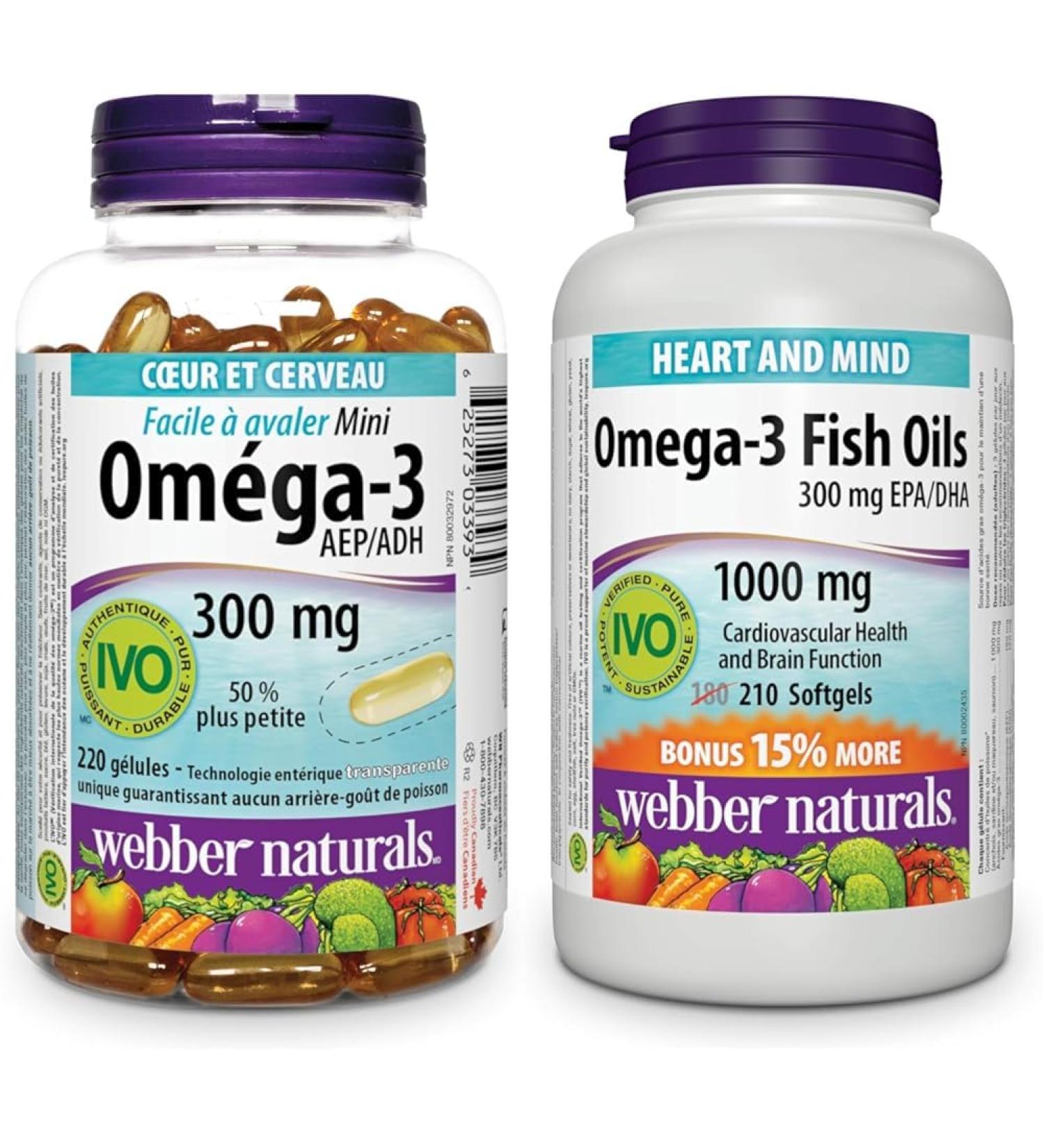 Webber Naturals Omega-3 300 mg Mini 220 Clear Enteric No Fishy Aftertaste Mini Softgels & Omega-3 Fish Oil 1 000 mg 210 Softgels Supports Cardiovascular Health and Brain Function - Buy Online on GoSupps.com