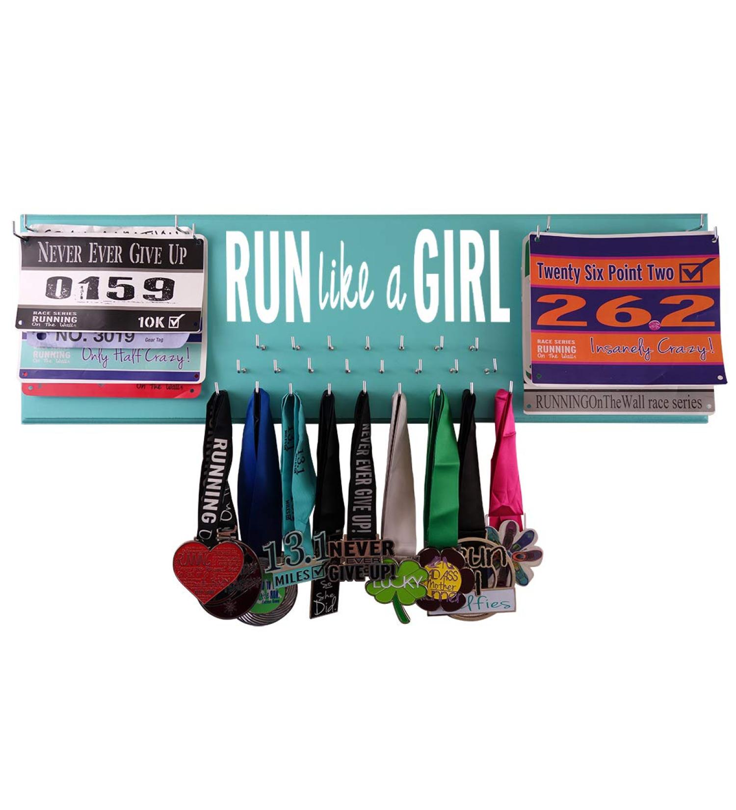 Running On The Wall Medal Hanger Display and Race Bibs Run Like A Girl Double Race Bib Design Turquoise - Buy Online on GoSupps.com