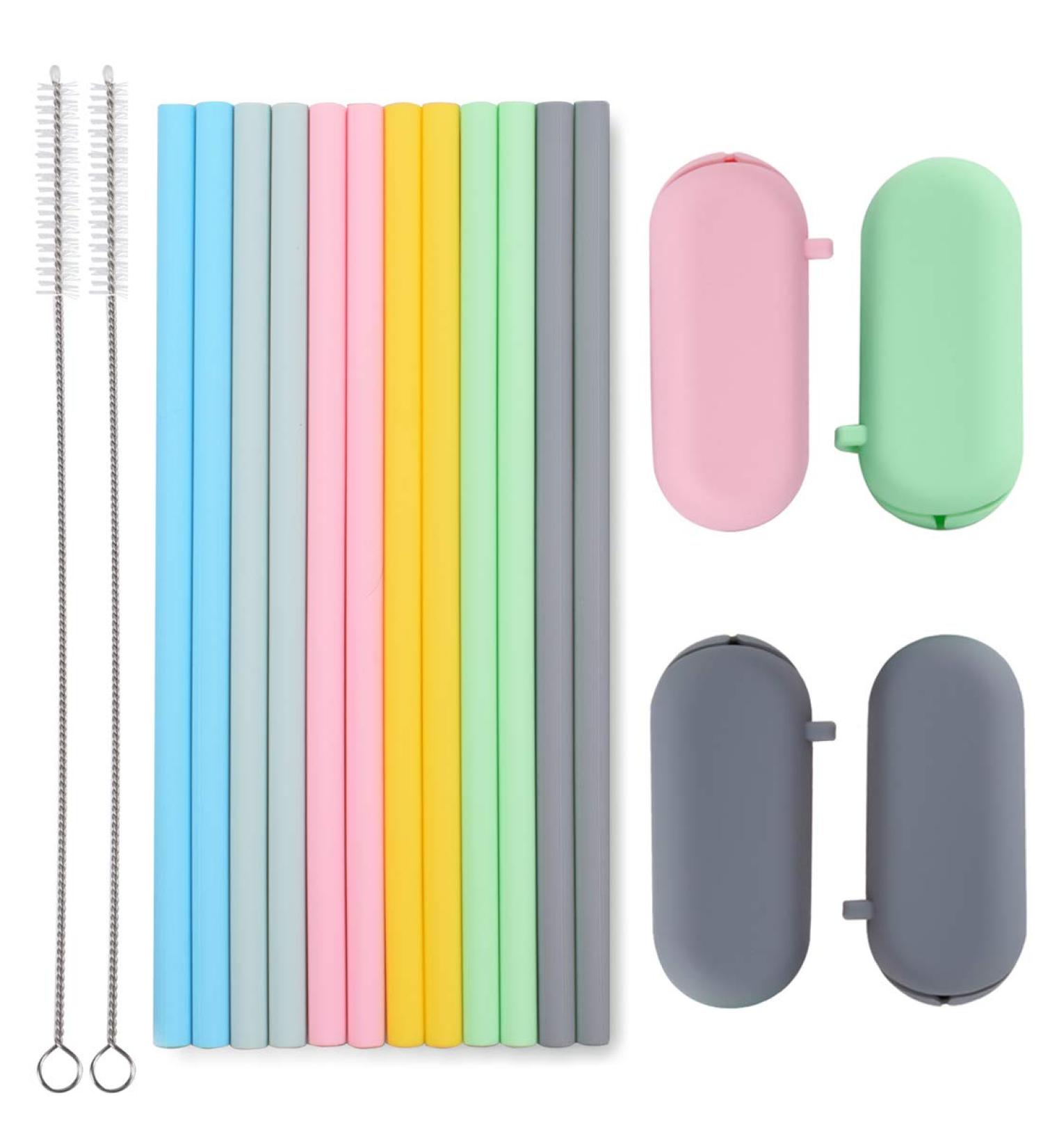 Sunseeke Reusable Silicone Straws Set - 12 Standard Drinking Straws, 4 Carry Pouch, 2 Cleaning Brushes - Odorless, Food Grade Platinum Silicone - 8 1/2 Long - Buy Online on GoSupps.com