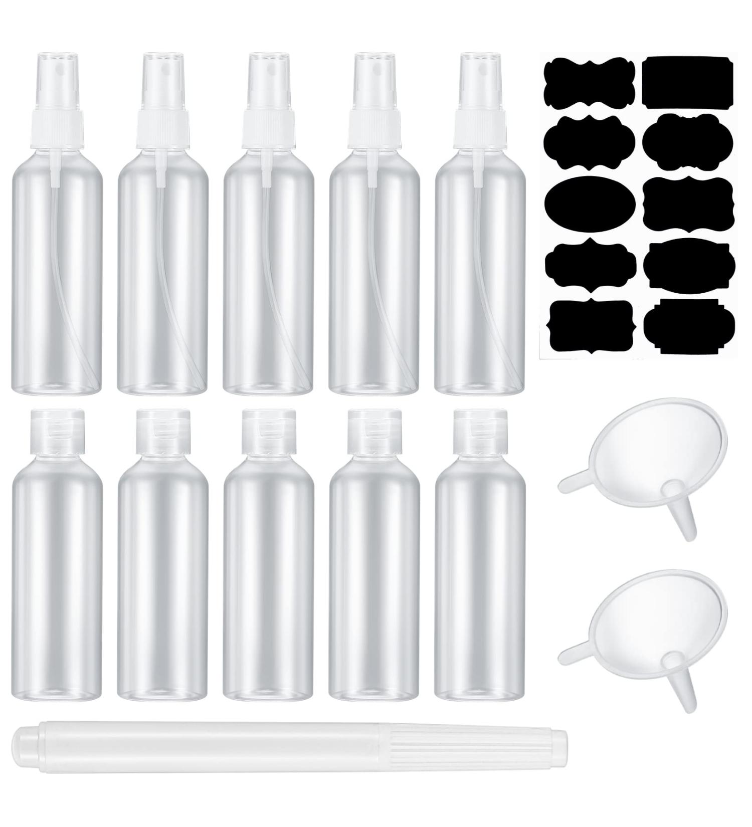 10 Piece Travel Bottles Set - 100ml Flip-Cap & Spray Bottles with Funnels Labels & Pen | Perfect for Cosmetics & Travel - Buy Online on GoSupps.com