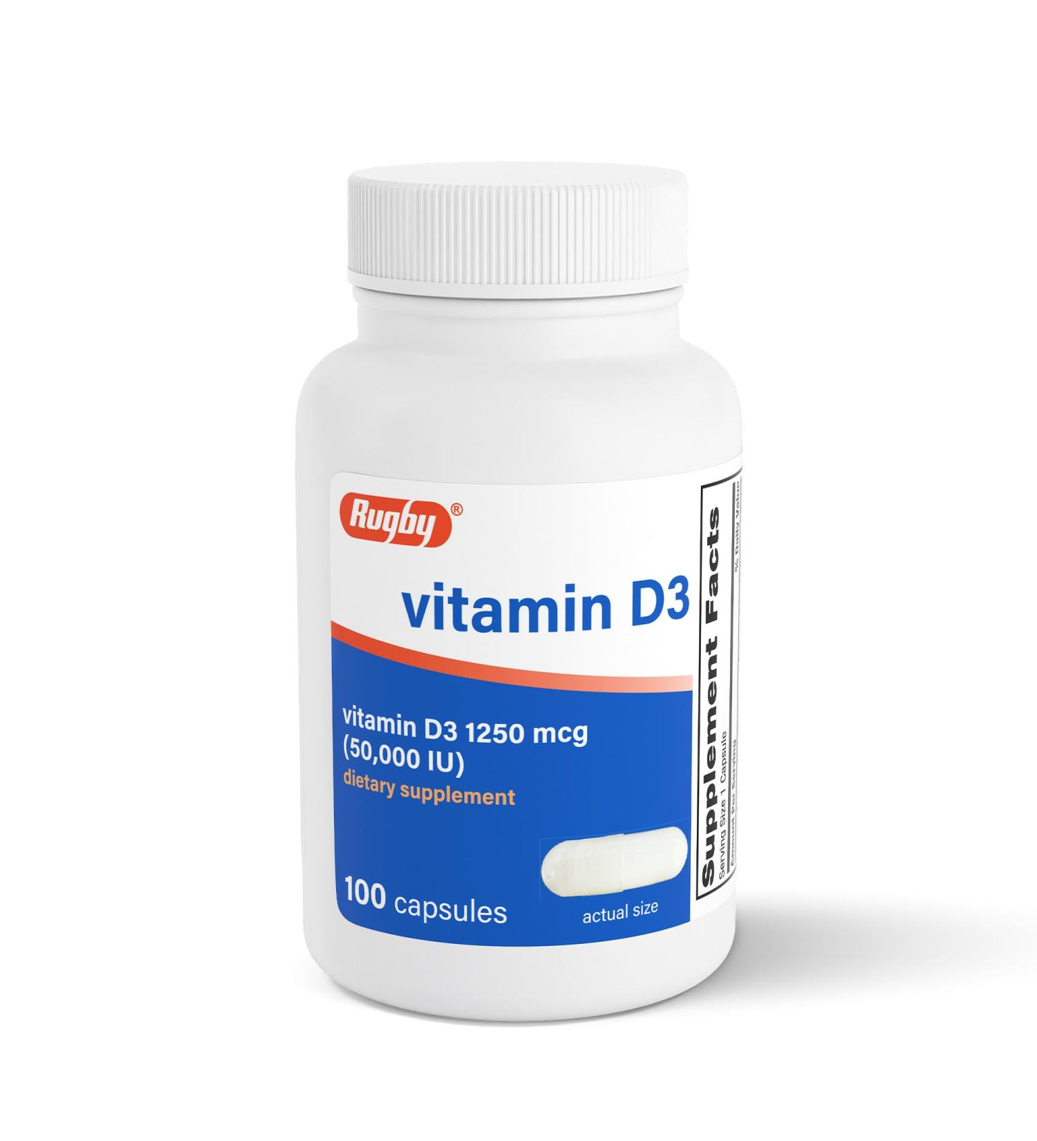 Rugby Vitamin D3 50 000 IU (1250 mcg) - High-Potency Vitamin D Supplement for Bone Teeth and Immune Health 100 Capsules - Buy Online on GoSupps.com