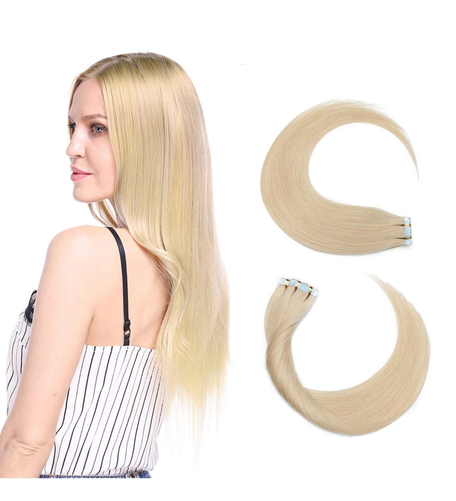 Elailite Tape Hair Extensions - Real Remy Human Hair 20 Pieces 24 #60 Platinum Blonde 30g Adhesive Hairpieces - Buy Online on GoSupps.com
