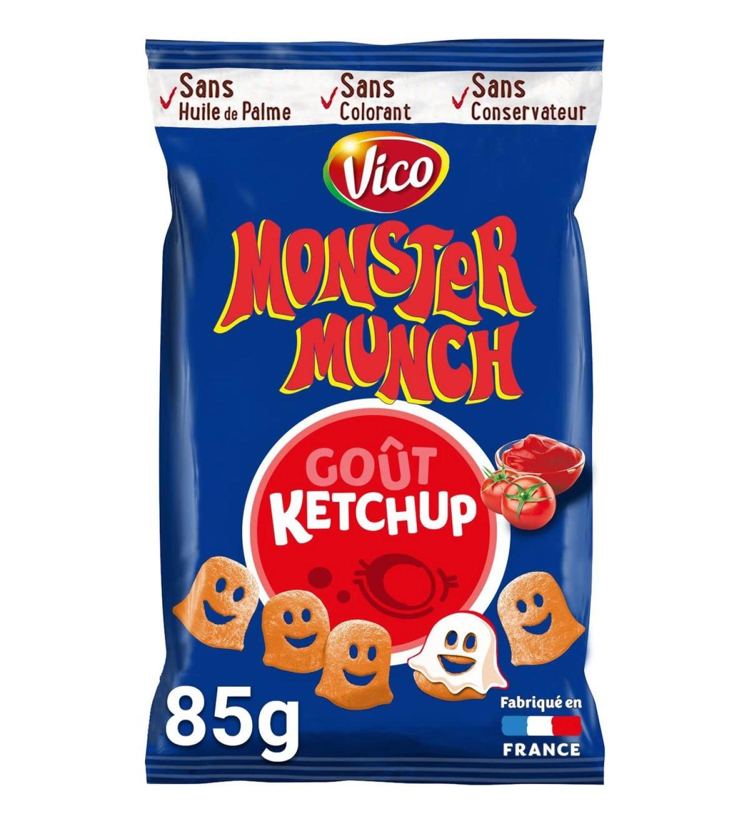 AUCHAN Pack of 3 *** MONSTER MUNCH Ketchup Flavored Puffed Cookies Palm Oil Free 85g