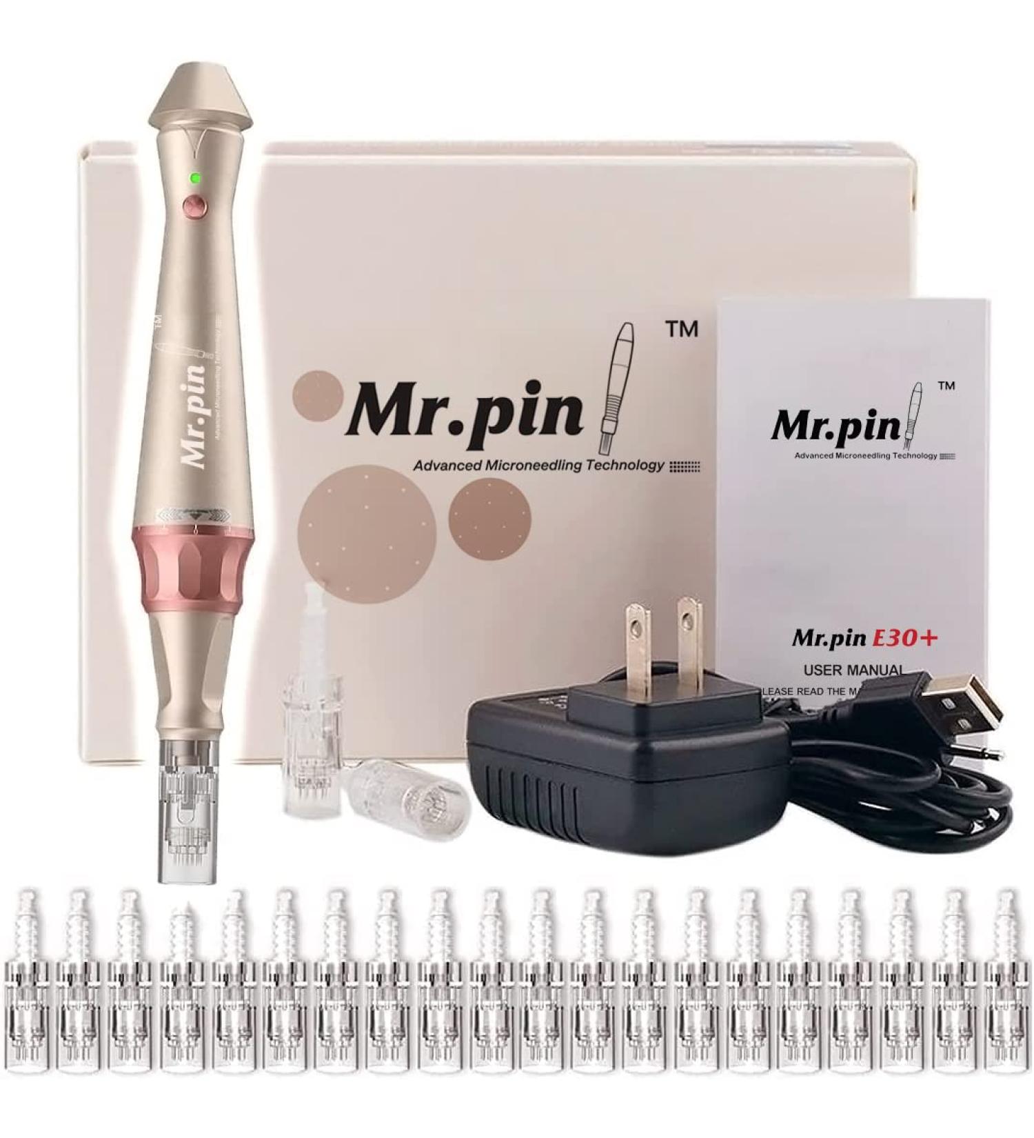 Original Derma Pen Mr.Pin E30 Plus - Wireless with 20 pcs Replacement Cartridges Different Sizes - For Skin and Hair Care - Buy Online on GoSupps.com