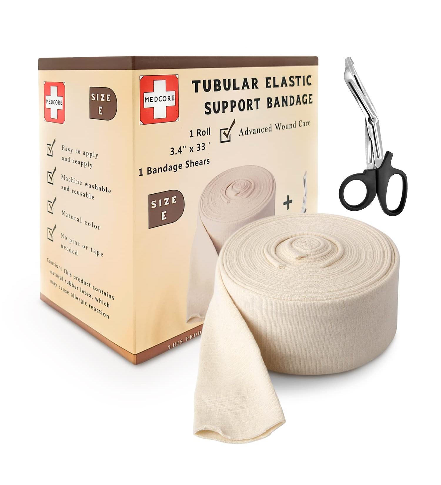 Premium Elastic Tubular Medical Bandage Size E Stockinette 3.4 inches x 33 Feet Plus Medical Scissors Size E (3.4 x 33') - Buy Online on GoSupps.com