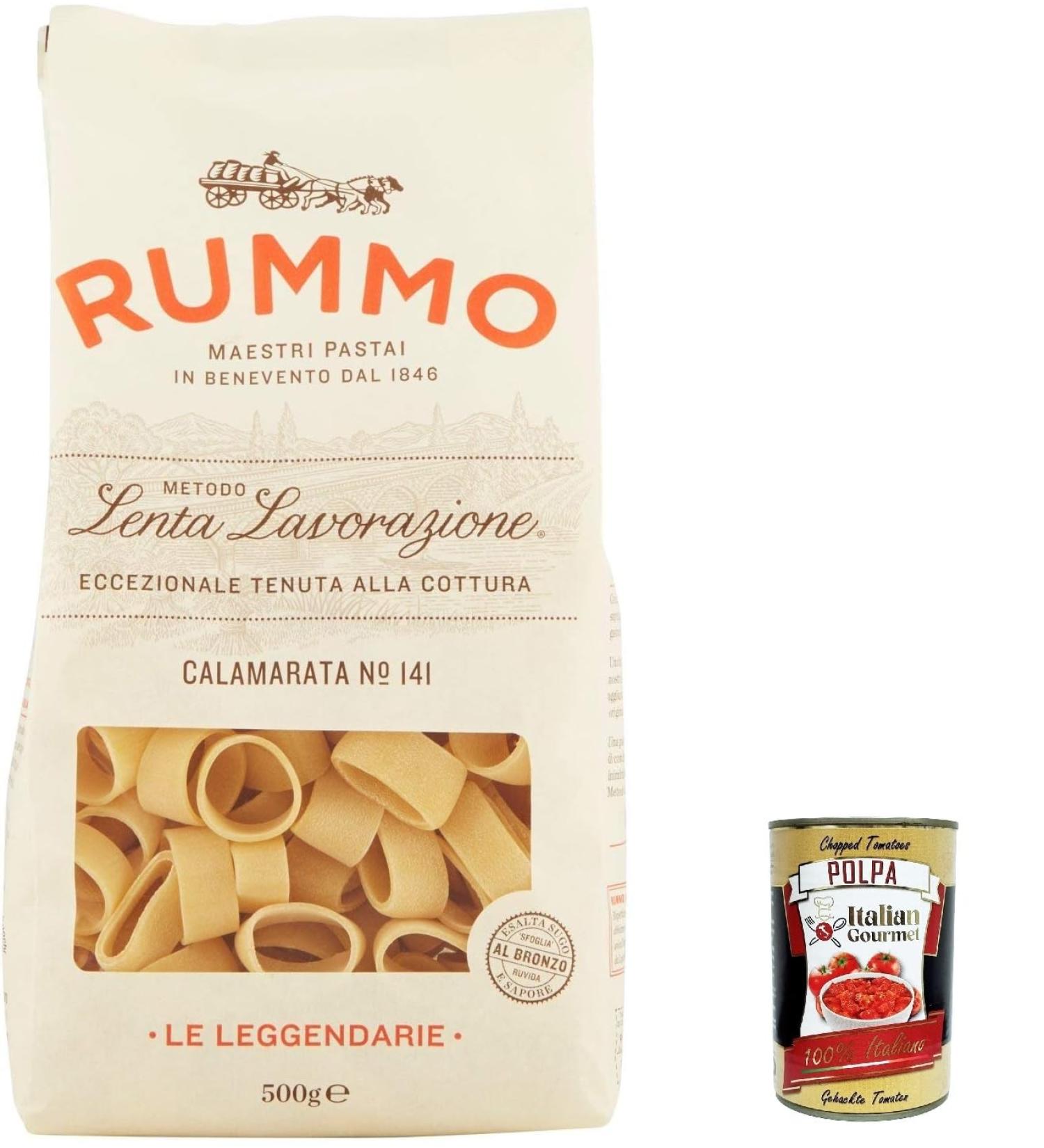  Italian Gourmet E.R. Rummo Calamarata N 141 Pasta Lenta Lavorazione Lot de 4 p tes base de semoule de bl dur Dessin en bronze 500 g + Italian Gourmet polpa 400 g - Buy Online on GoSupps.com
