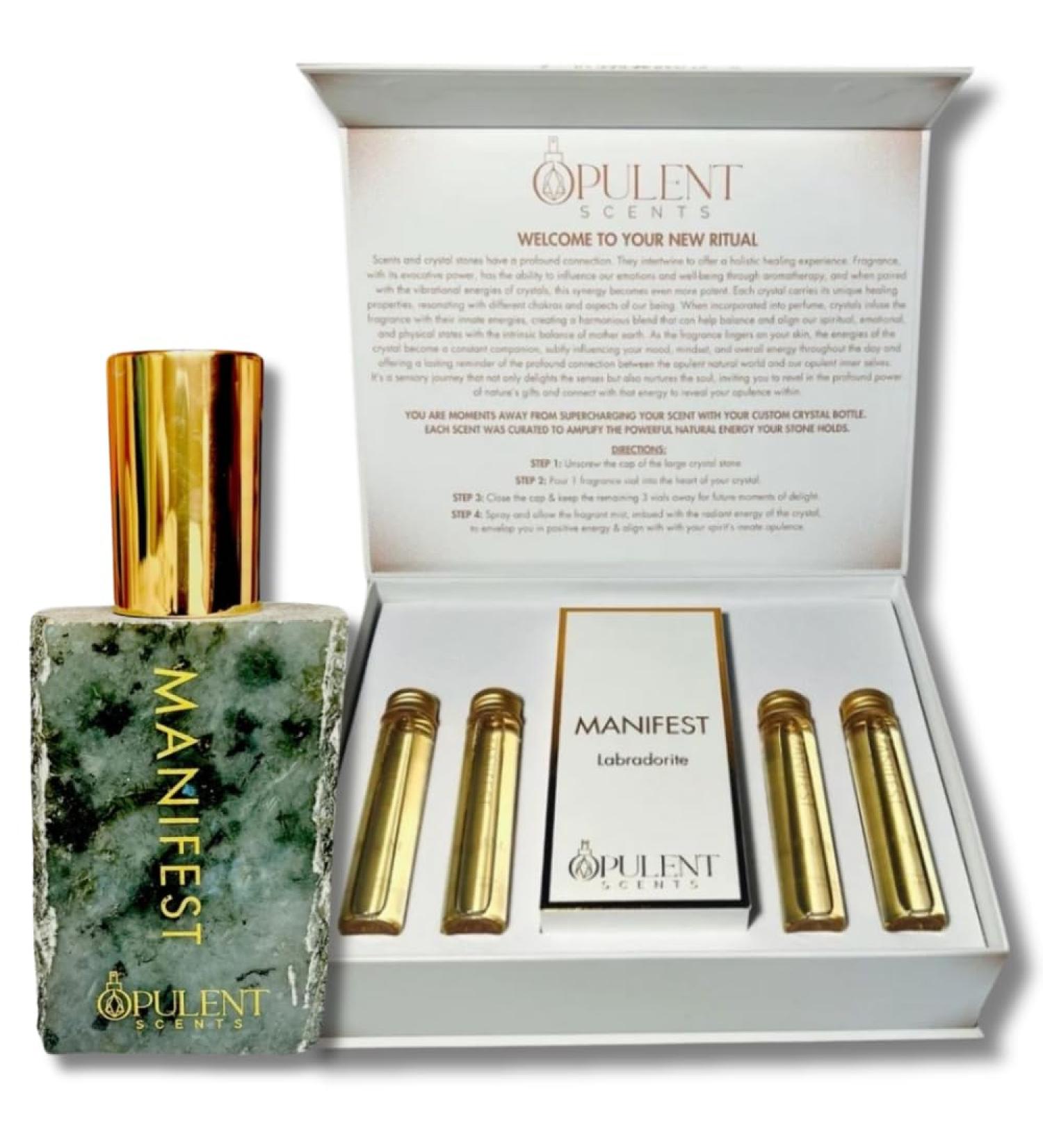 MANIFEST Labradorite Crystal Perfume 3.4oz | Third Eye Chakra Healing & Ayurvedic Aromatherapy | Long-Lasting Mint Luxury EDP | Spiritual Gift for Men & Women - Buy Online on GoSupps.com