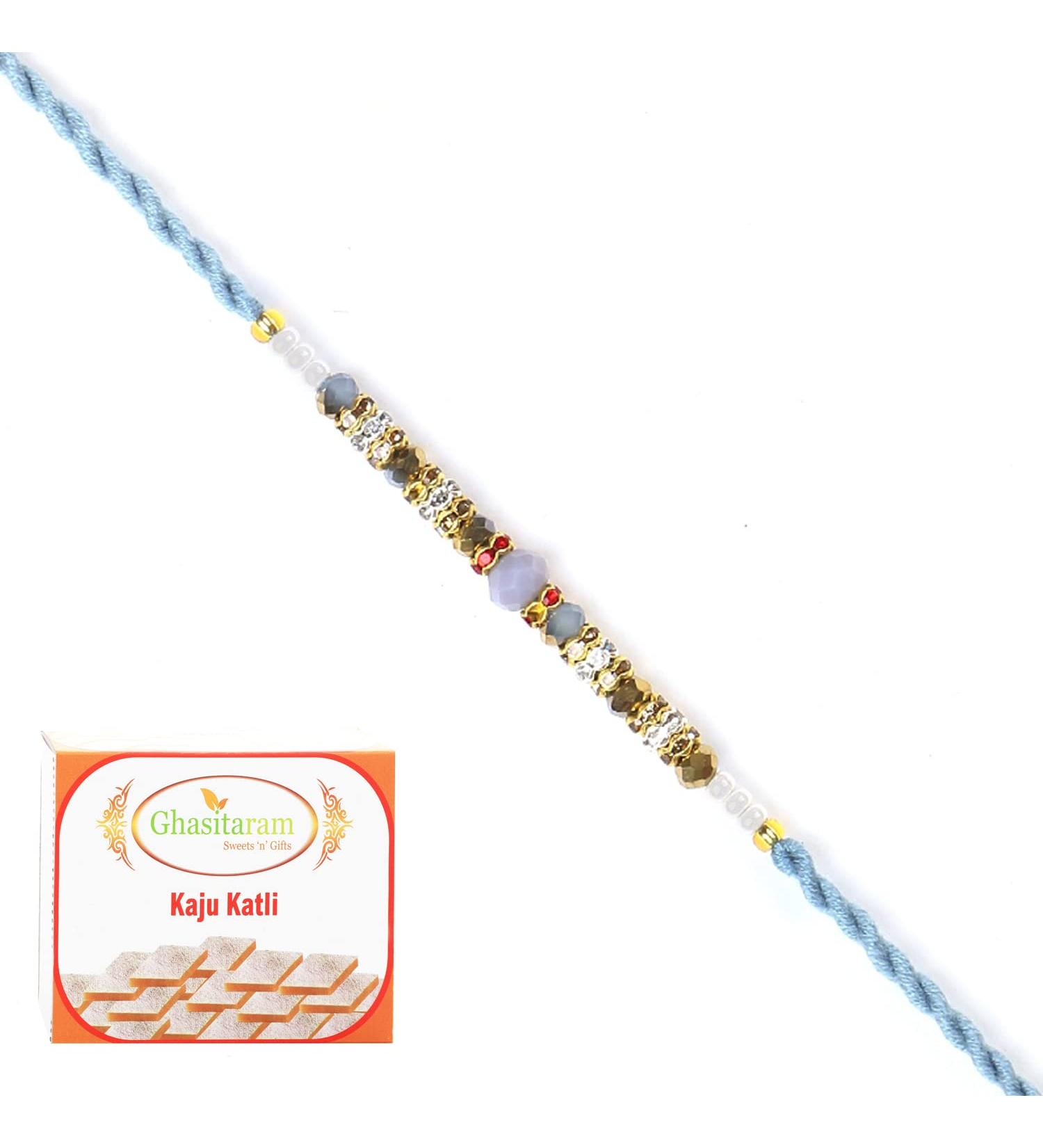 Ghasitaram Gifts Rakhi for Brother Rakhis Online - 6373 Fancy Thread Rakhi with 400 GMS of Kaju katli - Buy Online on GoSupps.com