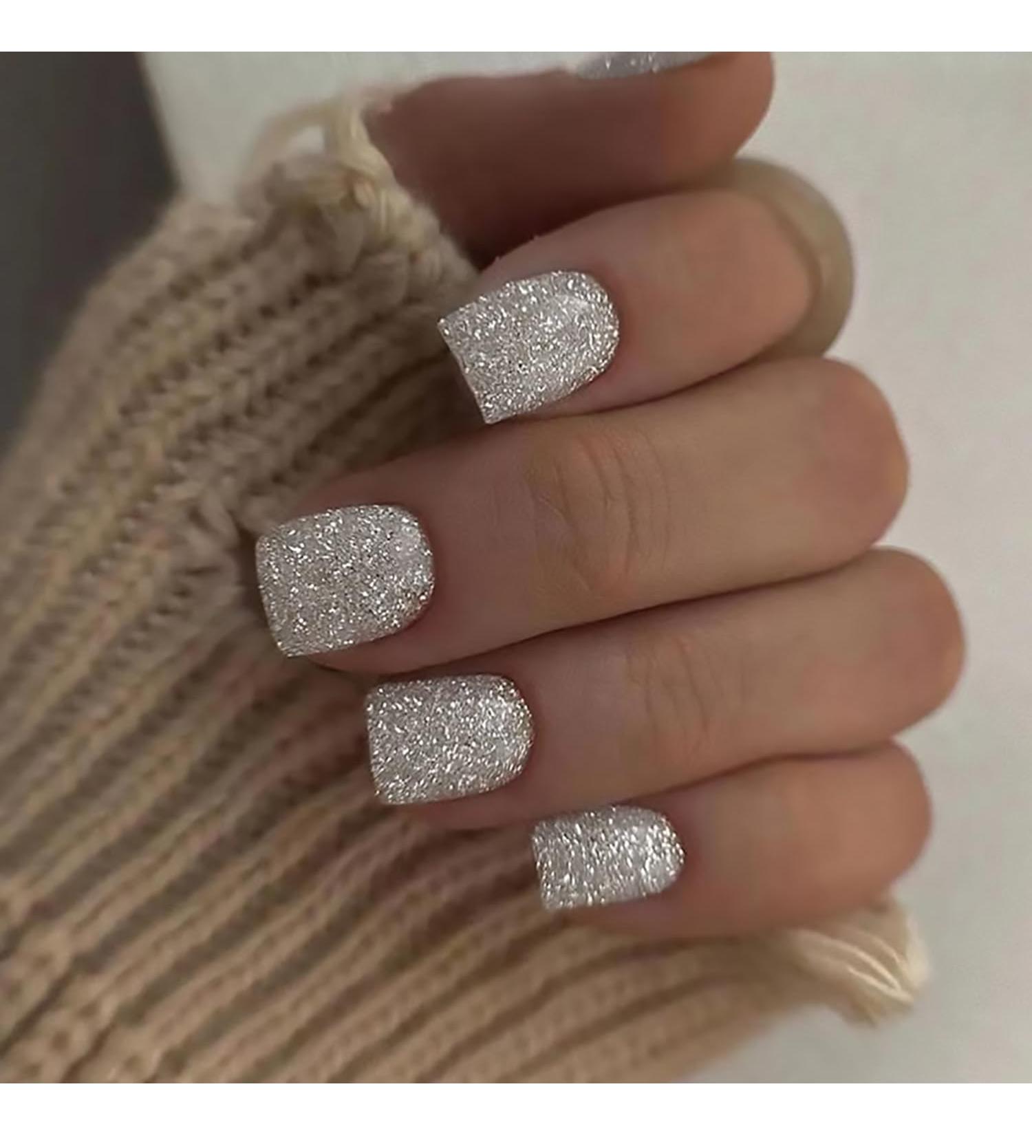 Glitter Press on Nails - Square Short Full Cover Sparkly Fake Nails | 24Pcs Reusable Acrylic Stick on Nails for Women | Nail Art Decorations - Buy Online on GoSupps.com