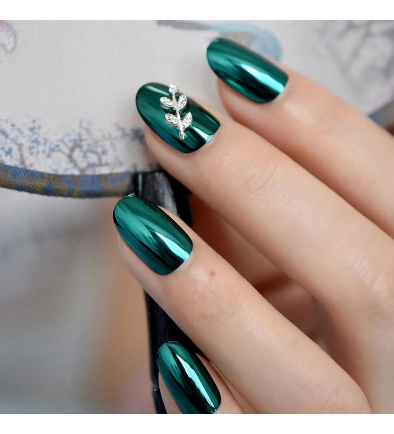 UrtjSDG Dark Green Reflective Mirror Artificial Nails - Metallic Oval Acrylic Tips with Free Glue & 3D Blade Design - International Shipping Available - Buy Online on GoSupps.com