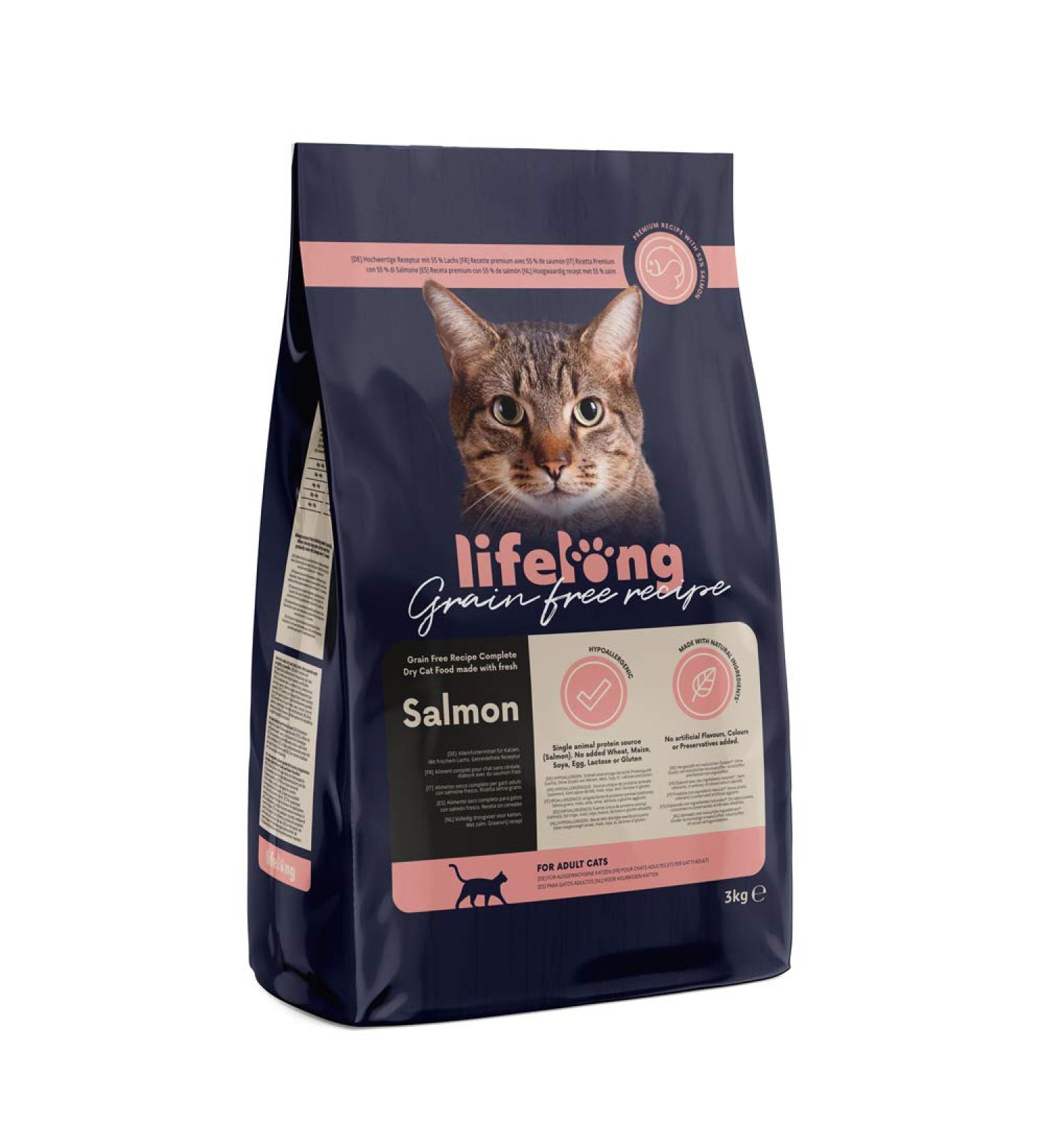 Amazon Brand - Lifelong - Dry Cat Food for Adult Cats Grainfree Recipe with Fresh Salmon 1 Pack of 3kg Salmon Adult Cats - Buy Online on GoSupps.com
