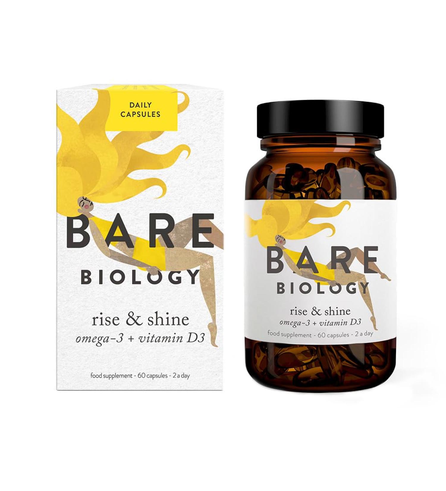 Bare Biology Rise & Shine Omega 3 Fish Oil + Vitamin D3 High Strength Supplement (60 Capsules) | Immune Health Support - Buy Online on GoSupps.com