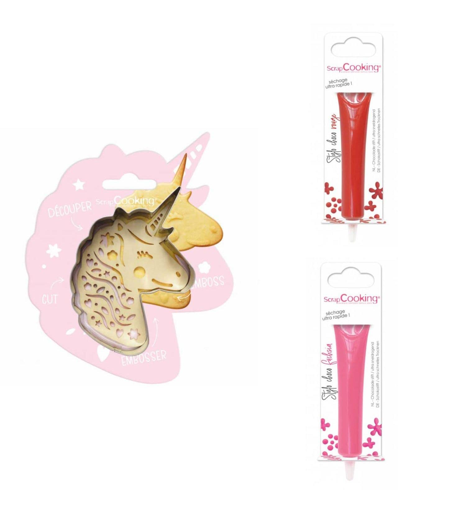 ScrapCooking Unicorn embossing cookie kit + 2 red and fuchsia chocolate pens