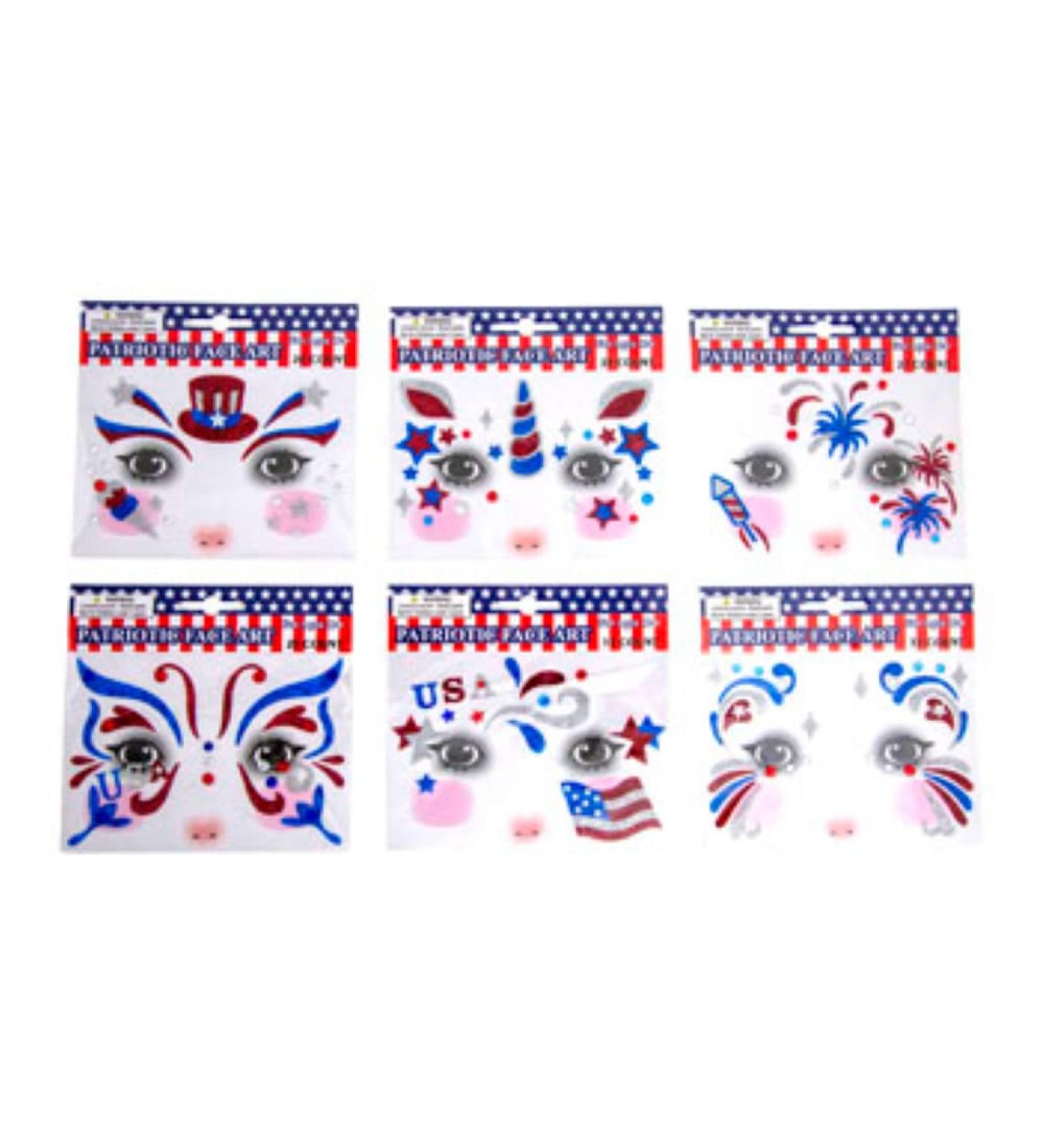 Patriotic Temporary Face Tattoos - 100pc Face Art for Memorial Day, 4th of July, Labor Day | Red White Blue Glitter | Election Party - Buy Online on GoSupps.com