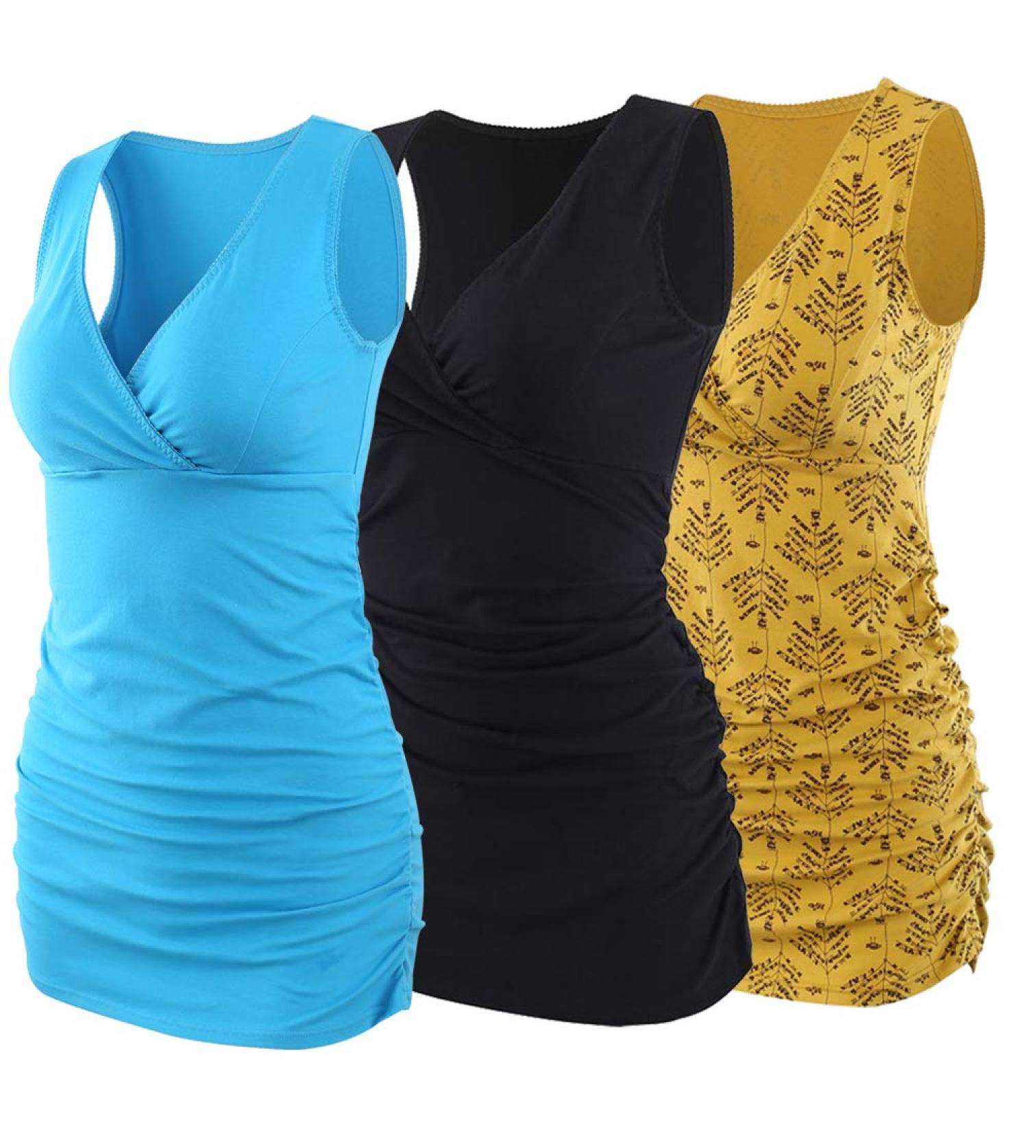 MANCI Nursing Maternity Top - V Neck, Ruched Waist, Cotton Pajama Tops - S Black/Yellow/Blue - Buy Online on GoSupps.com
