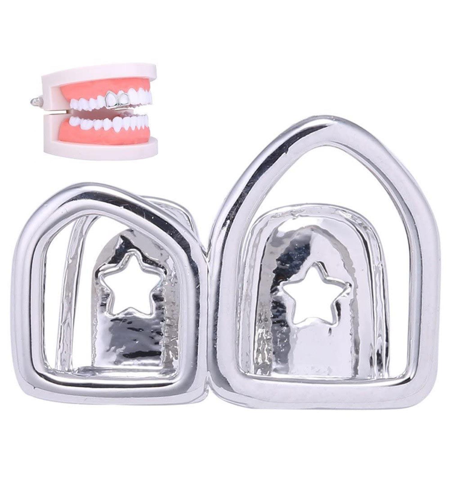 Hip Hop Hollow Open Face Double Tooth Teeth Caps Teeth Cover Punk Grills Tooth Cap Cosplay Party Rapper Jewelry Teeth Decor silver - Buy Online on GoSupps.com