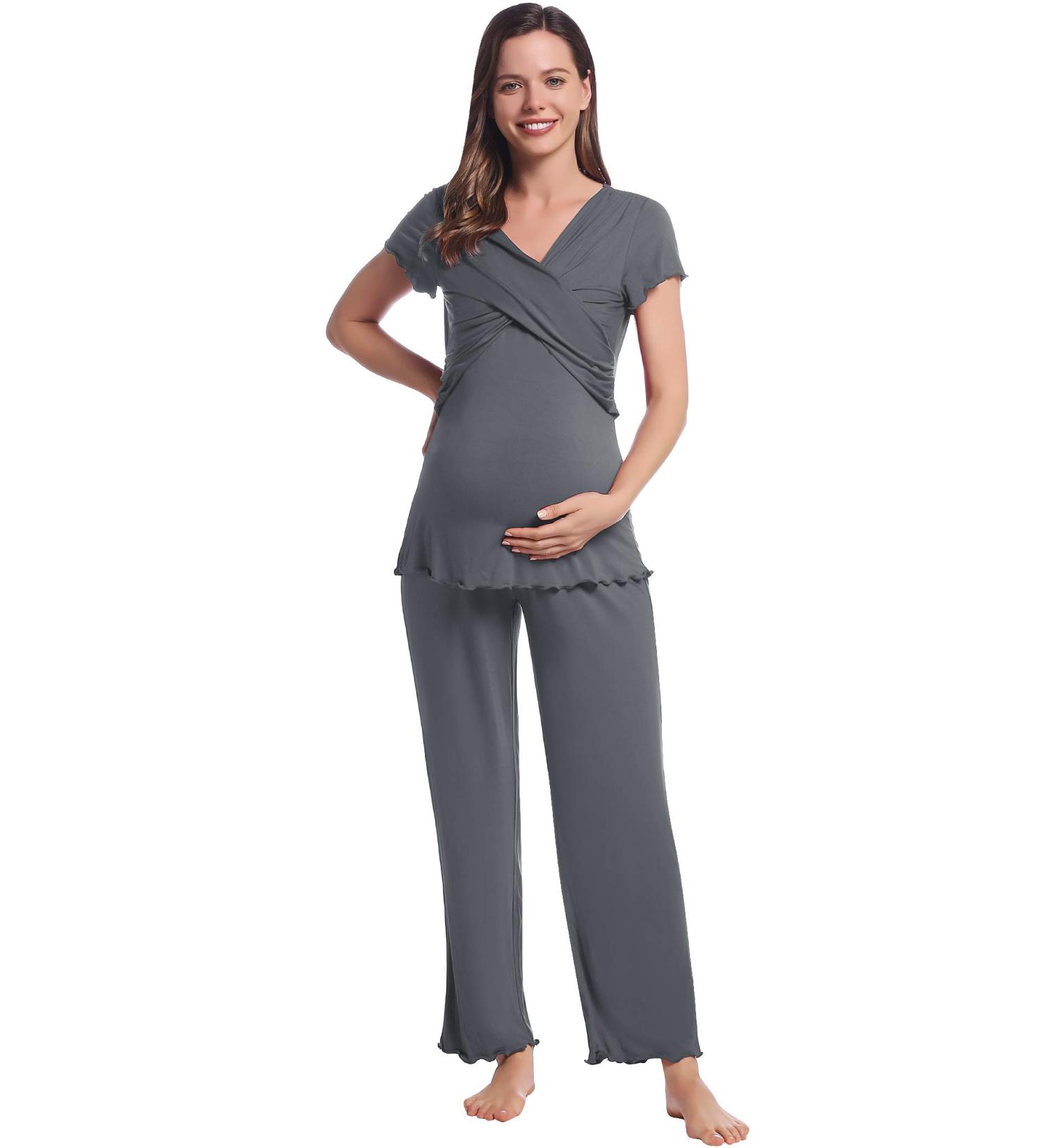 Women's Maternity Pyjama Set | Short Sleeve Tops & Long Pants | Summer Cool Moisture Wicking | XXL Dark Grey - Buy Online on GoSupps.com