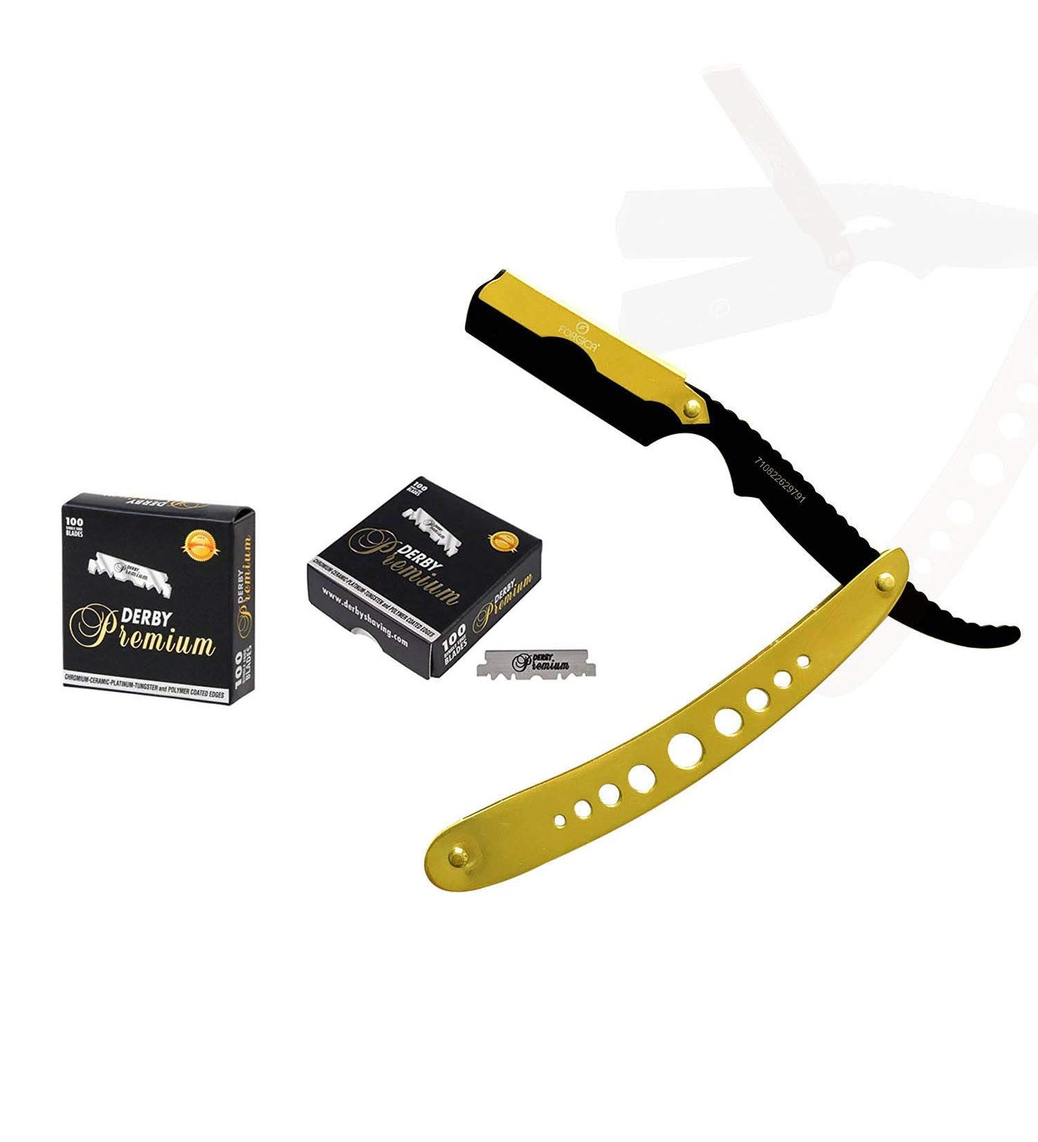 Professional Straight Edge Razor & 200 Derby Blades | Forgica Black Safety Razor for Men - Perfect Barber Shaving Experience - Buy Online on GoSupps.com