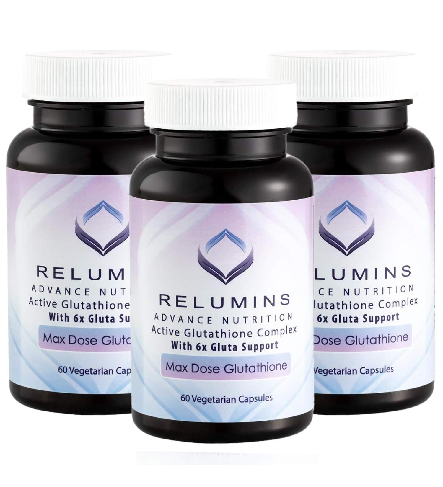 Relumins Advance White Active Glutathione Complex - 3 Bottles Oral Lightening Capsules for Skin Brightening & Rejuvenation - 60 Capsules Each - Buy Online on GoSupps.com
