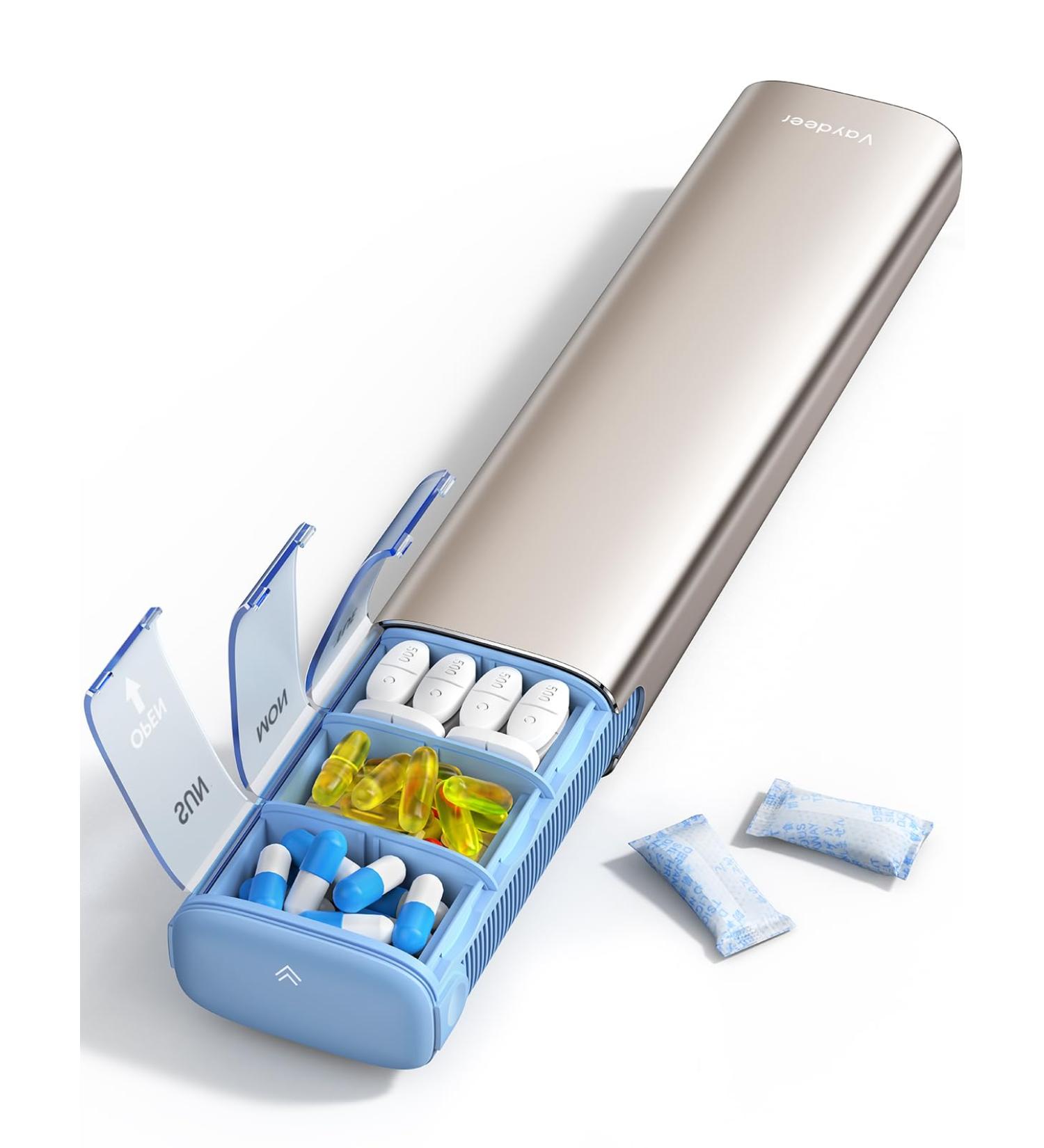 Vaydeer 7-Day Weekly Pill Organizer | Metal Travel Pill Case | Large Capacity Cute Pill Box for Vitamins & Medication - Champagne - Buy Online on GoSupps.com