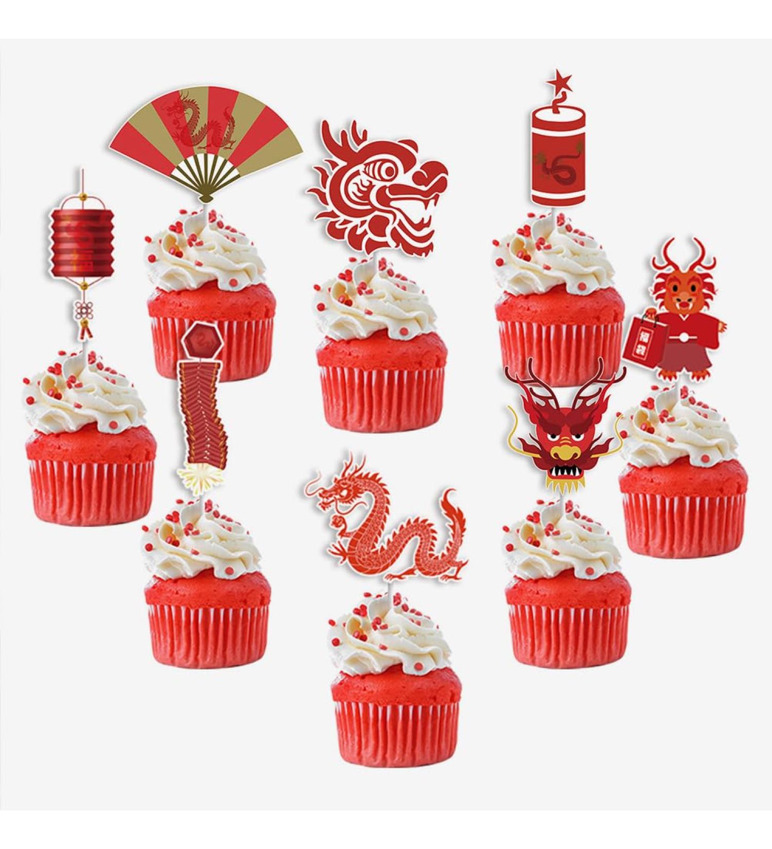 DECHOUS 24pcs Chinese Happy New Year Cupcake Toppers Chinese Dragon Cake Topper Chinese Lucky Characters Cake Picks 2024 Lunar New Year Party Decorations - Buy Online on GoSupps.com
