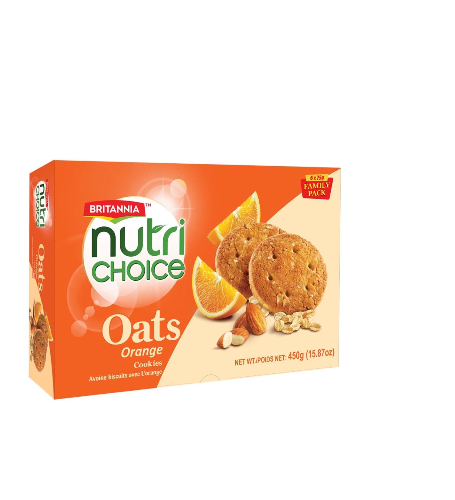BRITANNIA NutriChoice Oats Cookies 8 Family Packs - 3.6kg (6 x 75g 450g per Family Pack) | Orange Flavor | Ideal for Breakfast and Tea Time Snacks