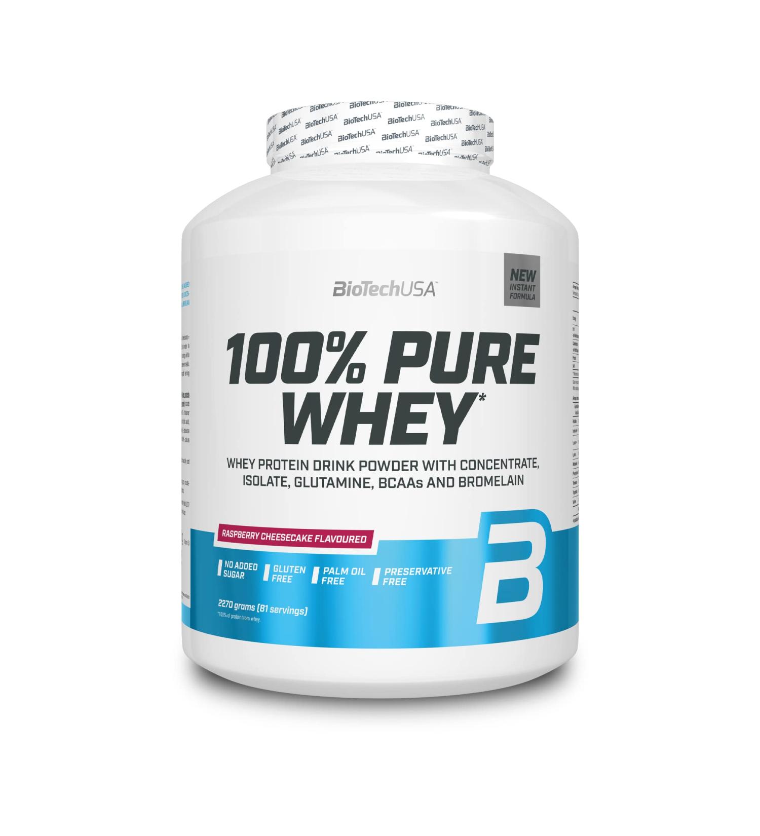 Buy Biotechusa 100% Pure Whey Protein Powder - 21g Protein BCAA & Glutamine - Gluten-Free Palm Oil-Free - Raspberry Cheesecake 2.27 kg | International Shipping - Buy Online on GoSupps.com