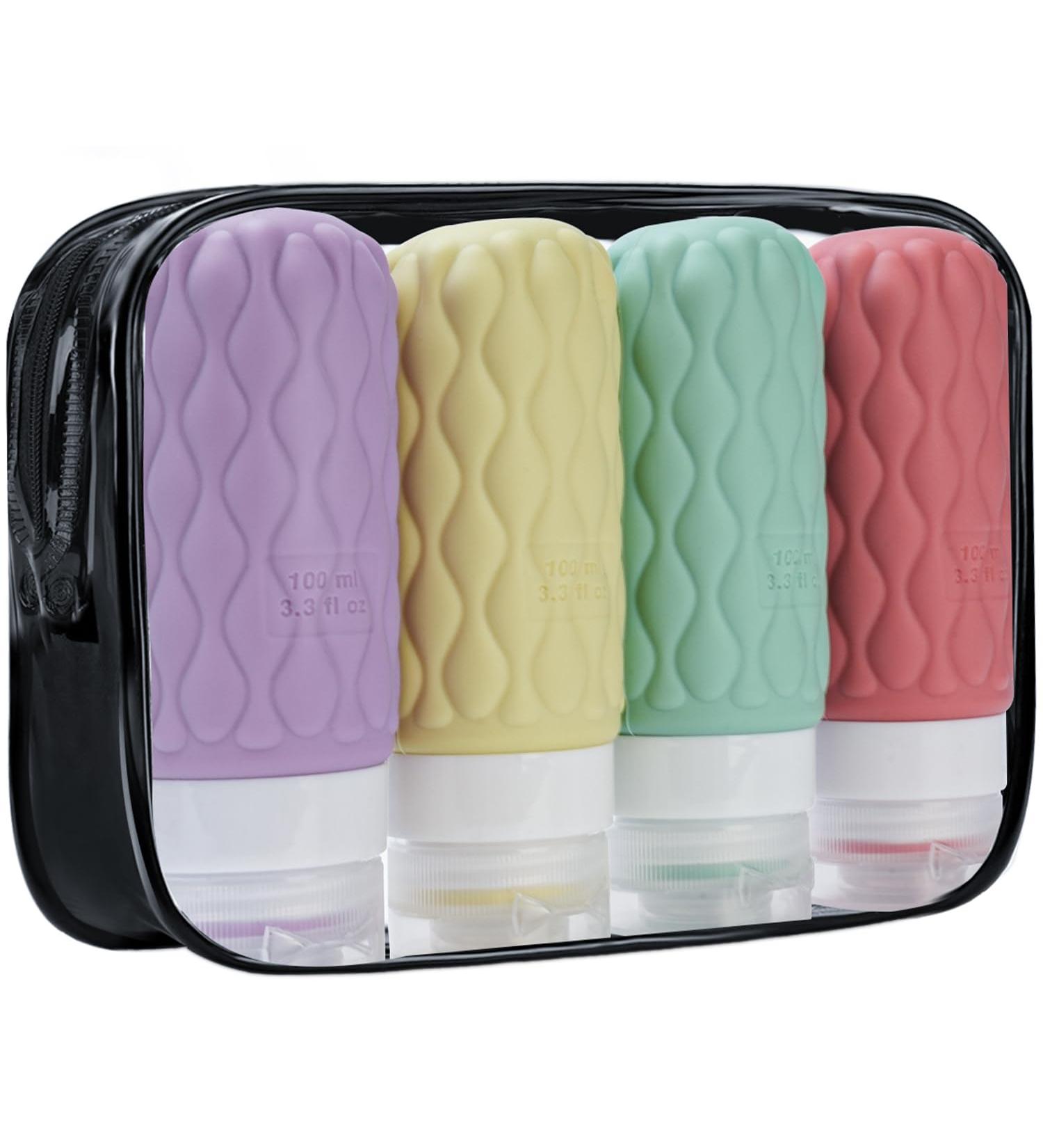 4 Pack Travel Bottles for Toiletries with Labels 100ML Silicone Travel Bottles Set with Clear Zipper Toiletry Bag Leakproof Refillable Squeeze Travel Size Containers for Shampoo Conditioner Pink/Green/Yellow/Purple - Buy Online on GoSupps.com