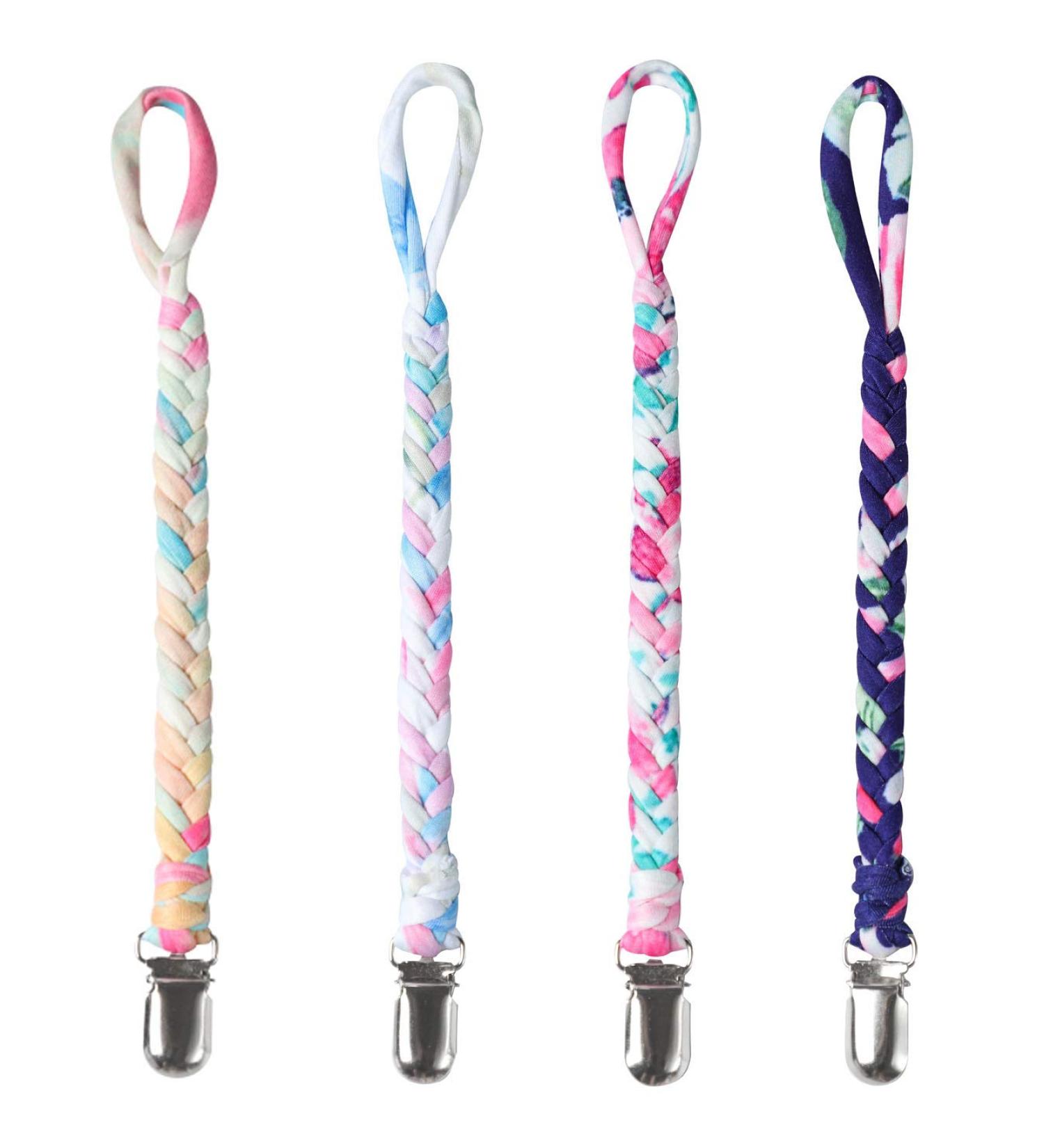 Pacifier Clips for Boys and Girls - Hand-Made Braided Soothie Leash - 4 Pack in Gray, Yellow, White, Blue - Buy Online on GoSupps.com