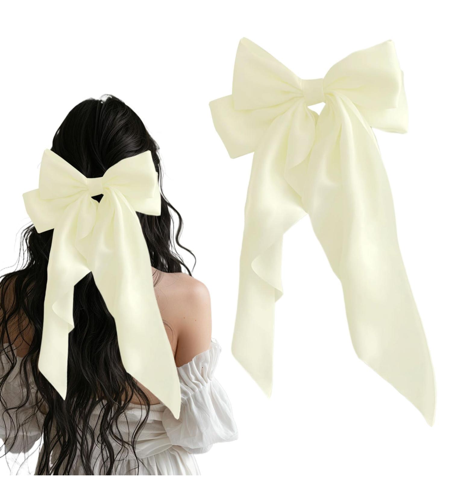 Nuqin Ribbon White Hair Bow White Bow Long Tail French Ribbon White Hair Bow Soft Silky Satin White Bow Hair Clip with Metal Clip for Party Women Girls(Off White) - Buy Online on GoSupps.com