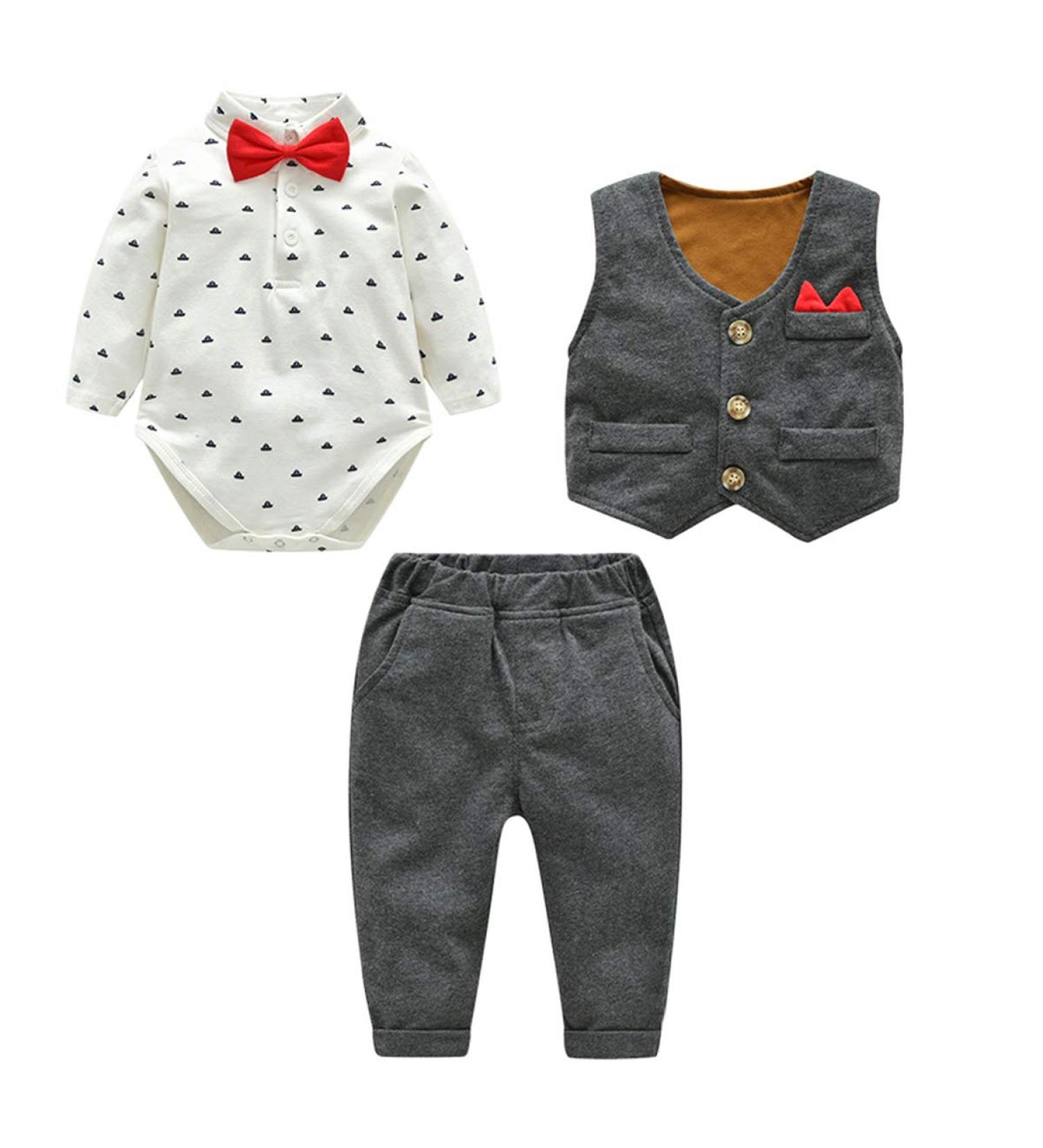 Famuka Baby Boy 3 Piece Formal Suit with Bows Waistcoat | Gentleman Tuxedo Grey 9 Months - Buy Online on GoSupps.com