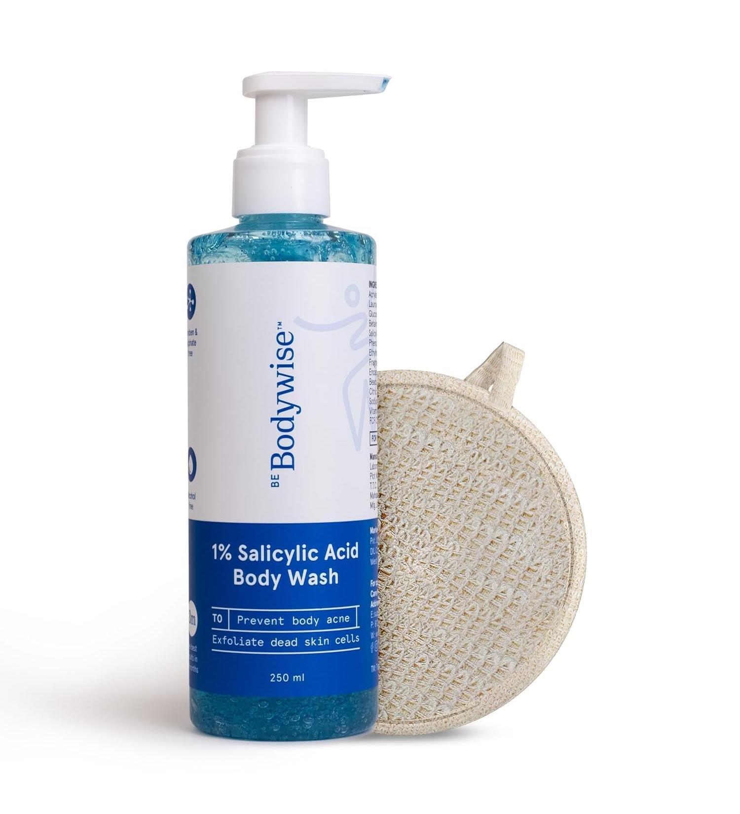 Be Bodywise 1% Salicylic Acid Body Wash With Free Loofah | Gently Exfoliates to Prevent Body Acne & Cleanse Skin | Paraben and SLS free | 250ml - Buy Online on GoSupps.com
